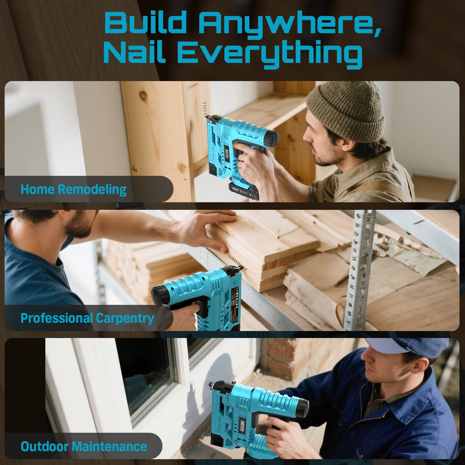 Seesii 2 in 1 Cordless Nail Gun Brad Nailer 18 GA 1000 Nails/Staples & 2xBattery