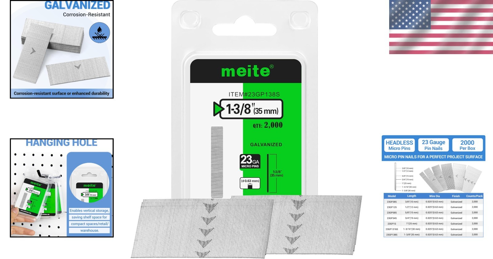 meite 23 Gauge Pin Nails, 1-3/8 Inch Micro Headless Pins – Galvanized 23GA Pins