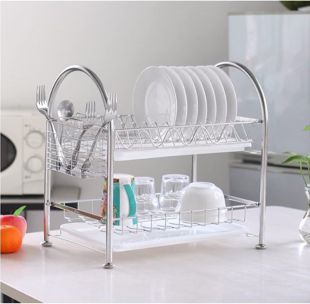 2Tier Dish Drying Rack Stainless Kitchen Dish Cup Drainer Dryer Holder Organizer