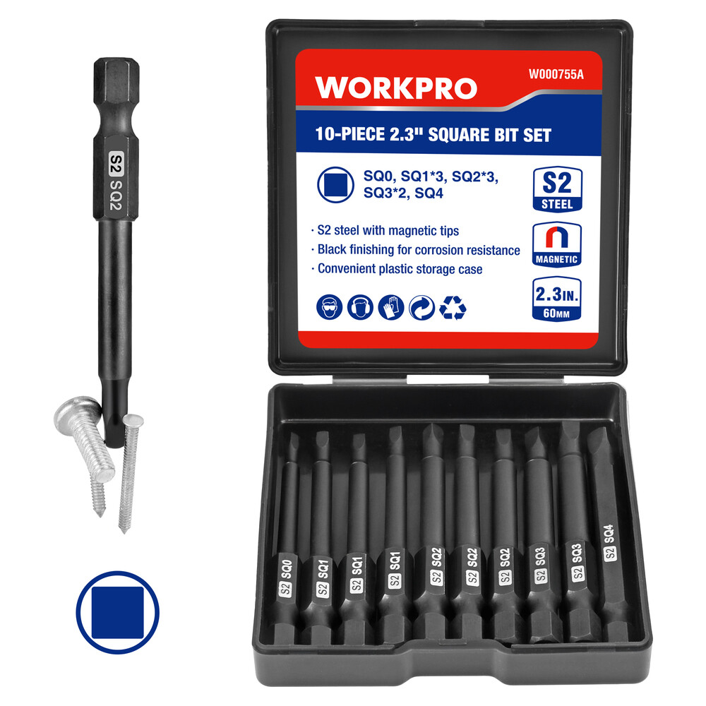 WORKPRO 10 PIECE Magnetic Square Bit Set 1/4 Inch Hex Shank Screwdriver Bits Set