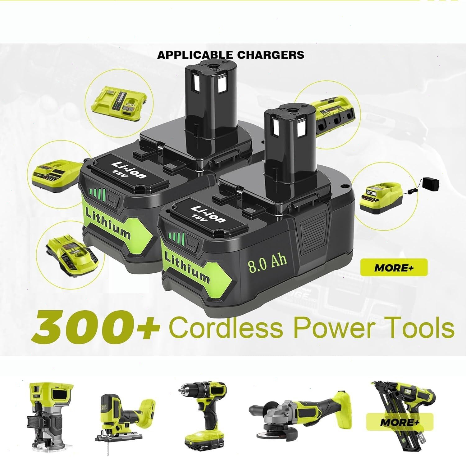 2Packs Max 8.0Ah For RYOBI 18V Lithium-Ion P108 High Capacity Battery/Charger