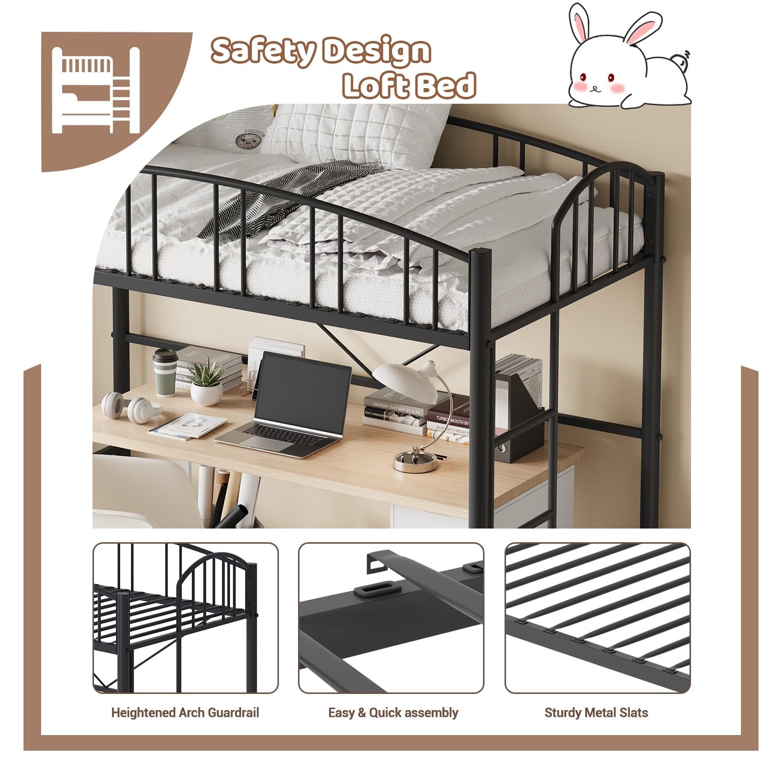 Metal Loft Bed Frame Twin Size, Sturdy with Safety Guardrail for Teens & Adults