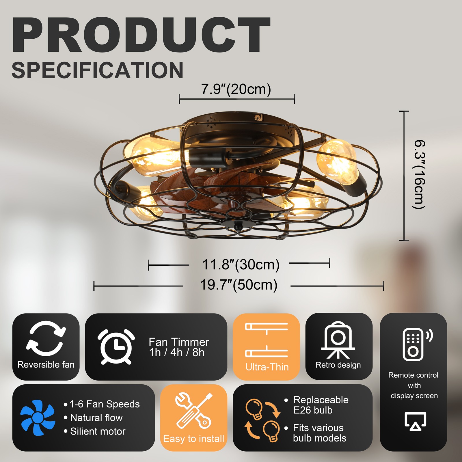 19.7″ Ceiling Fan Light 6-Speed Low Noise 30 dB for Bedroom/Living Room Kitchen