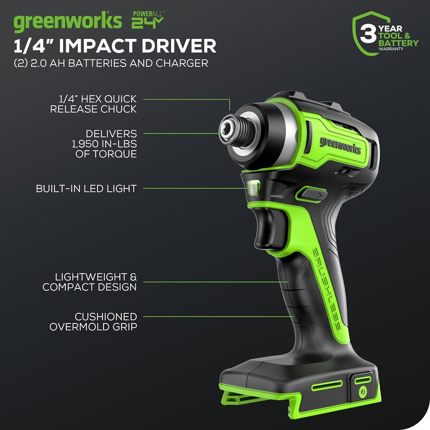 Greenworks 24V Brushless 1/4″ Cordless Impact Driver, (2) 2.0Ah Batteries, Comp