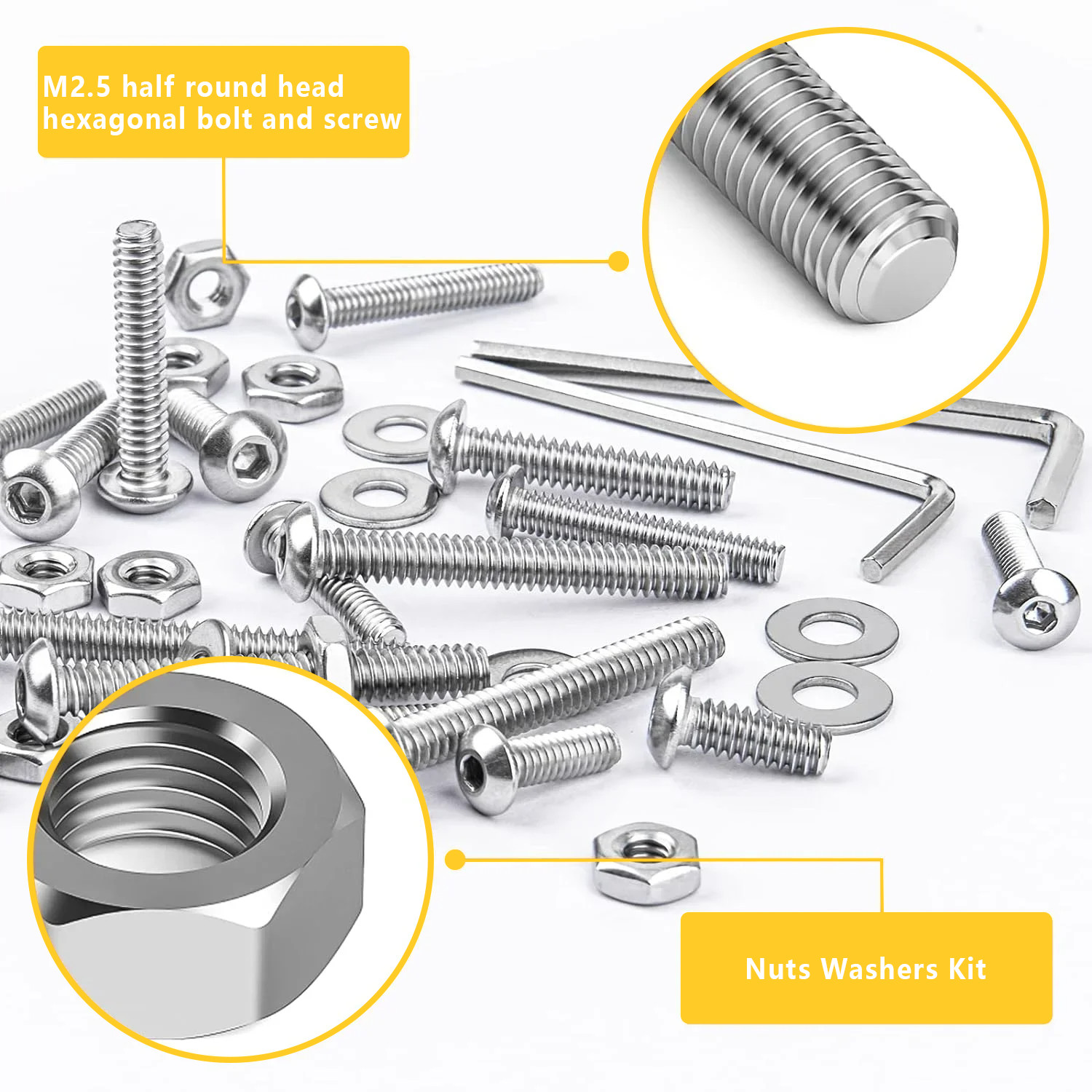 VKKM 420Pcs 304 SS M2.5 Metric Hex Head Bolts Screws Nuts Washers Kit