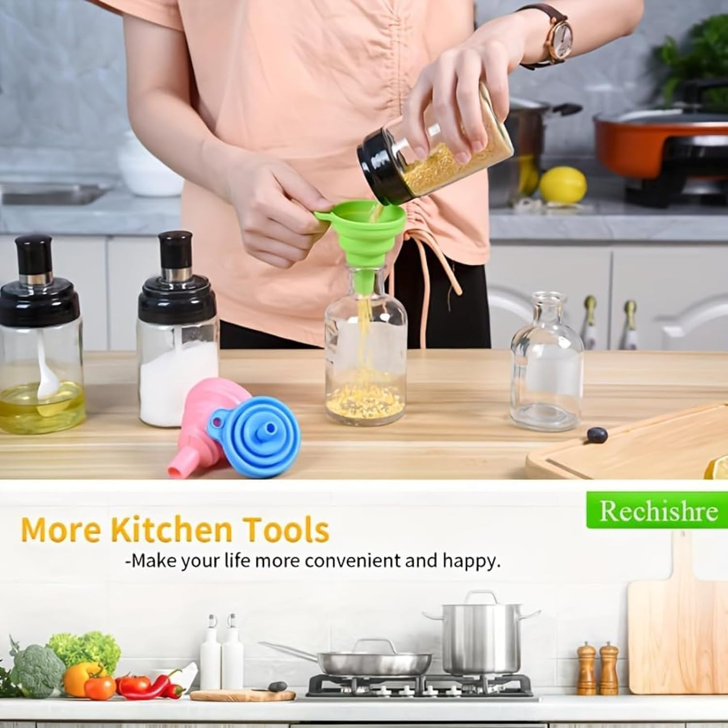 Kitchen Funnel Set 4 Pack, Small and Large, Kitchen Gadgets Accessories Foldable