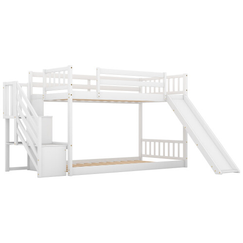 Stairway Wooden Bunk Bed w/ Slide Low Floor Bed for Kids Teens Adults,White/Gray
