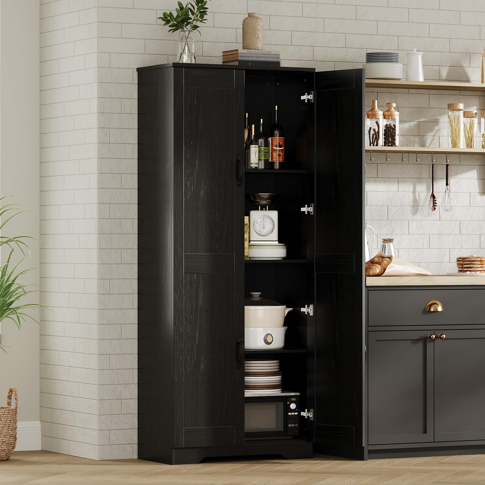 Tall Kitchen Pantry Cabinet, 60” Storage Cabinet w/2 Doors & Adjustable Shelves