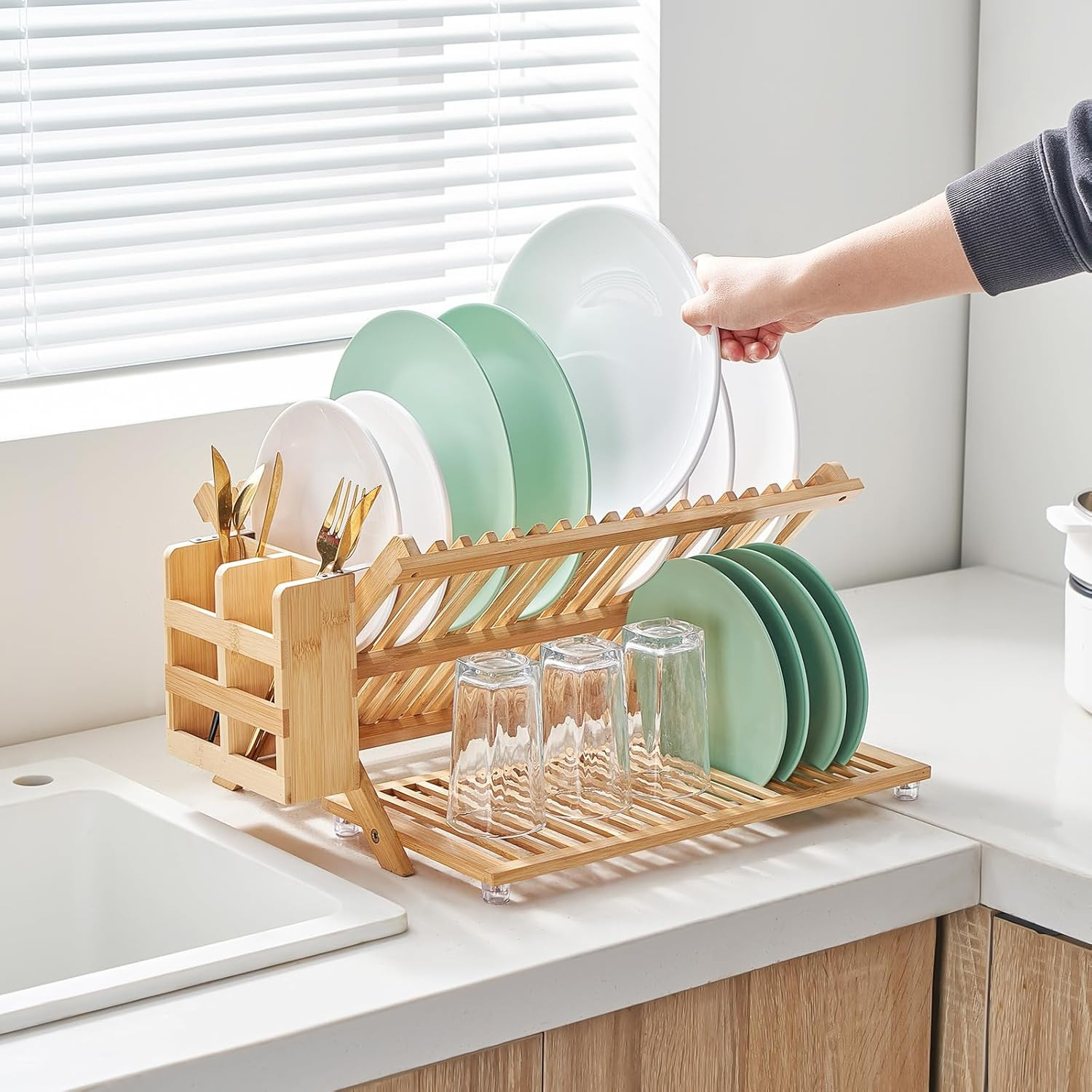 Bamboo Dish Drying Rack⭐3 Tier Collapsible Wooden Dish Drainer Rack ⭐