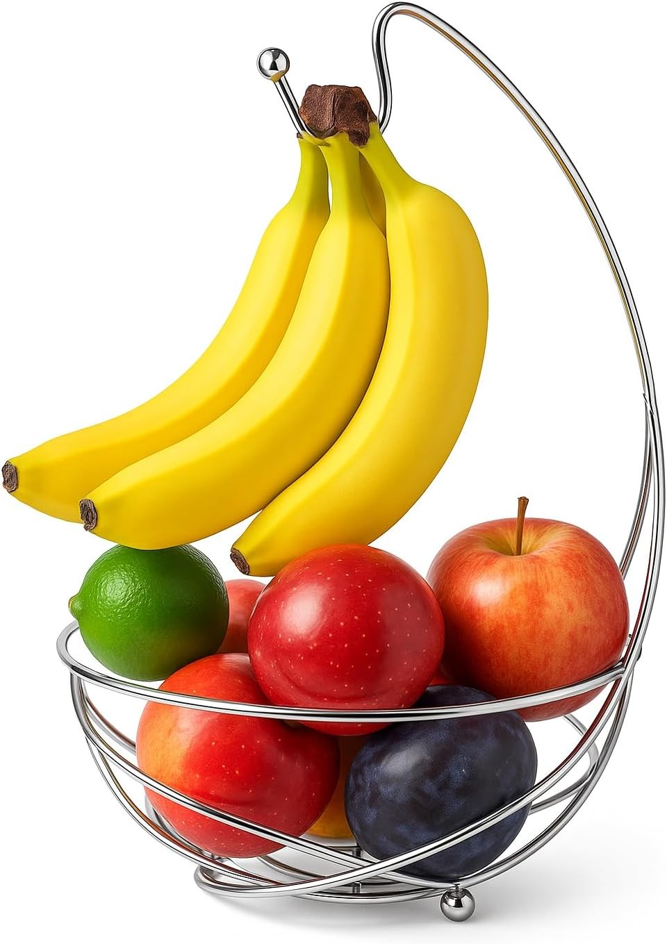 Chrome Fruit Bowl with Banana Holder – 14″ Countertop Wire Basket with Banana