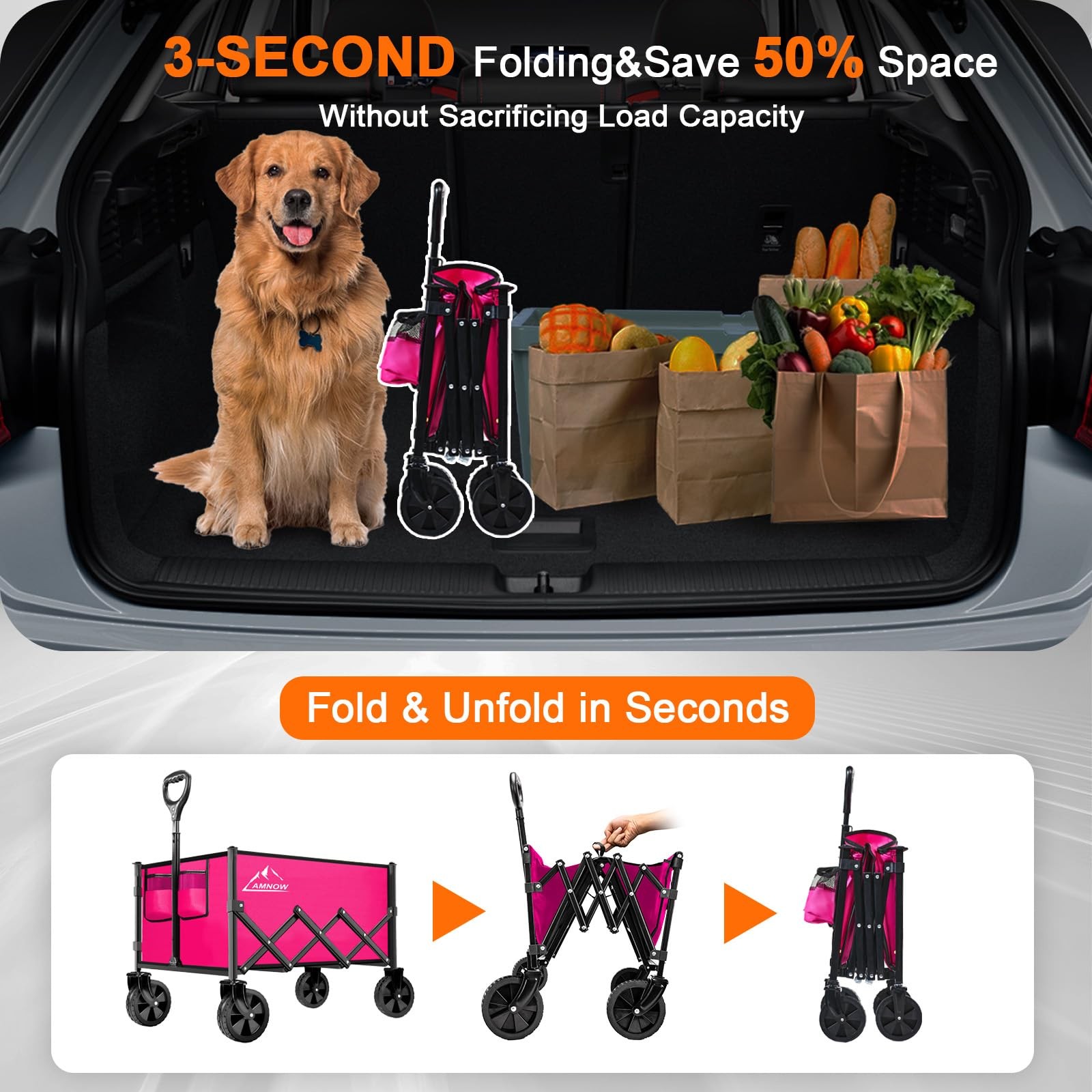 Folding Wagon Cart 350lbs Large Capacity All Terrain Wheels Rose