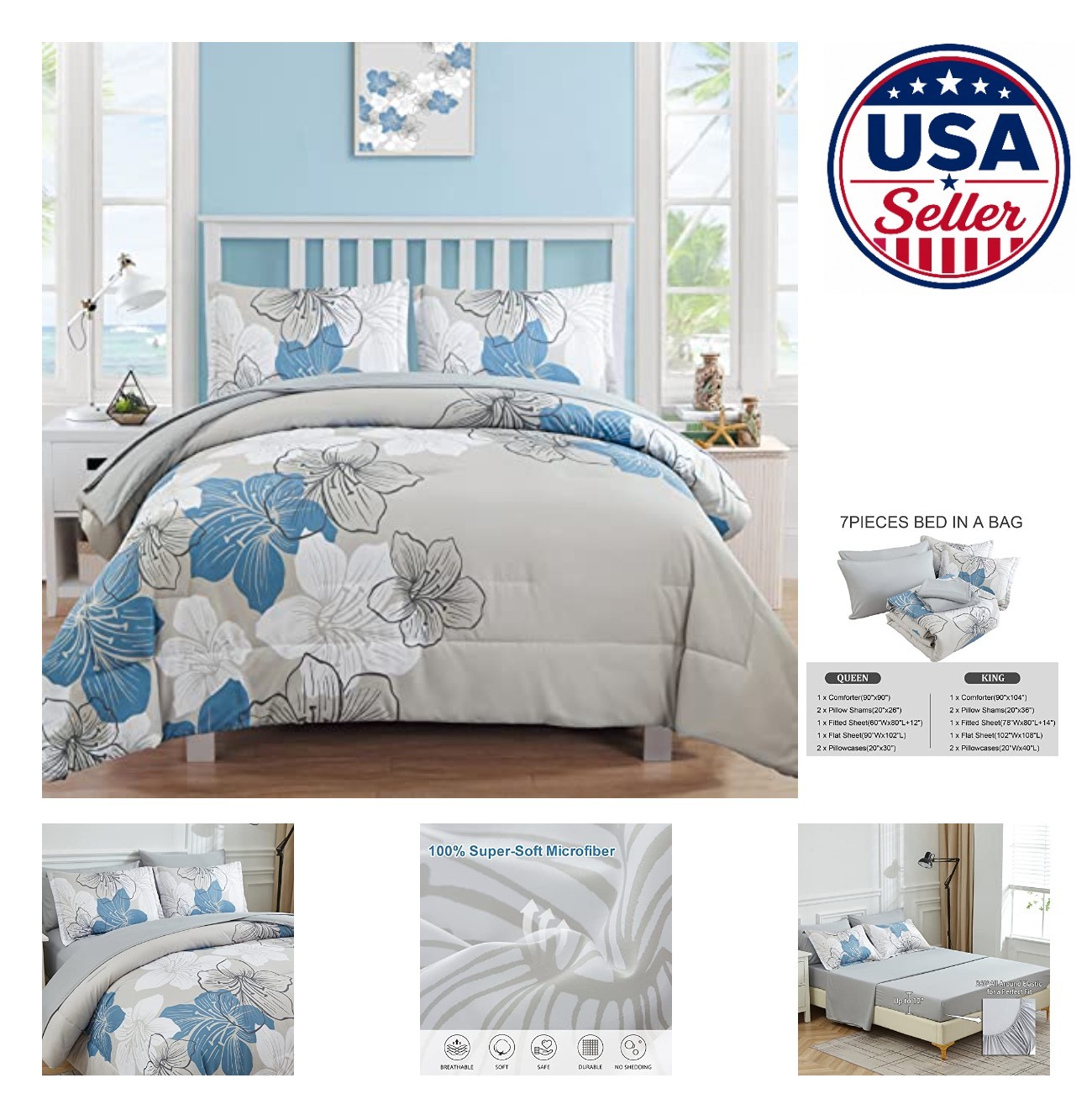King Comforter Set 7 Piece Blue Floral Grey Bedding Microfiber All Seasons