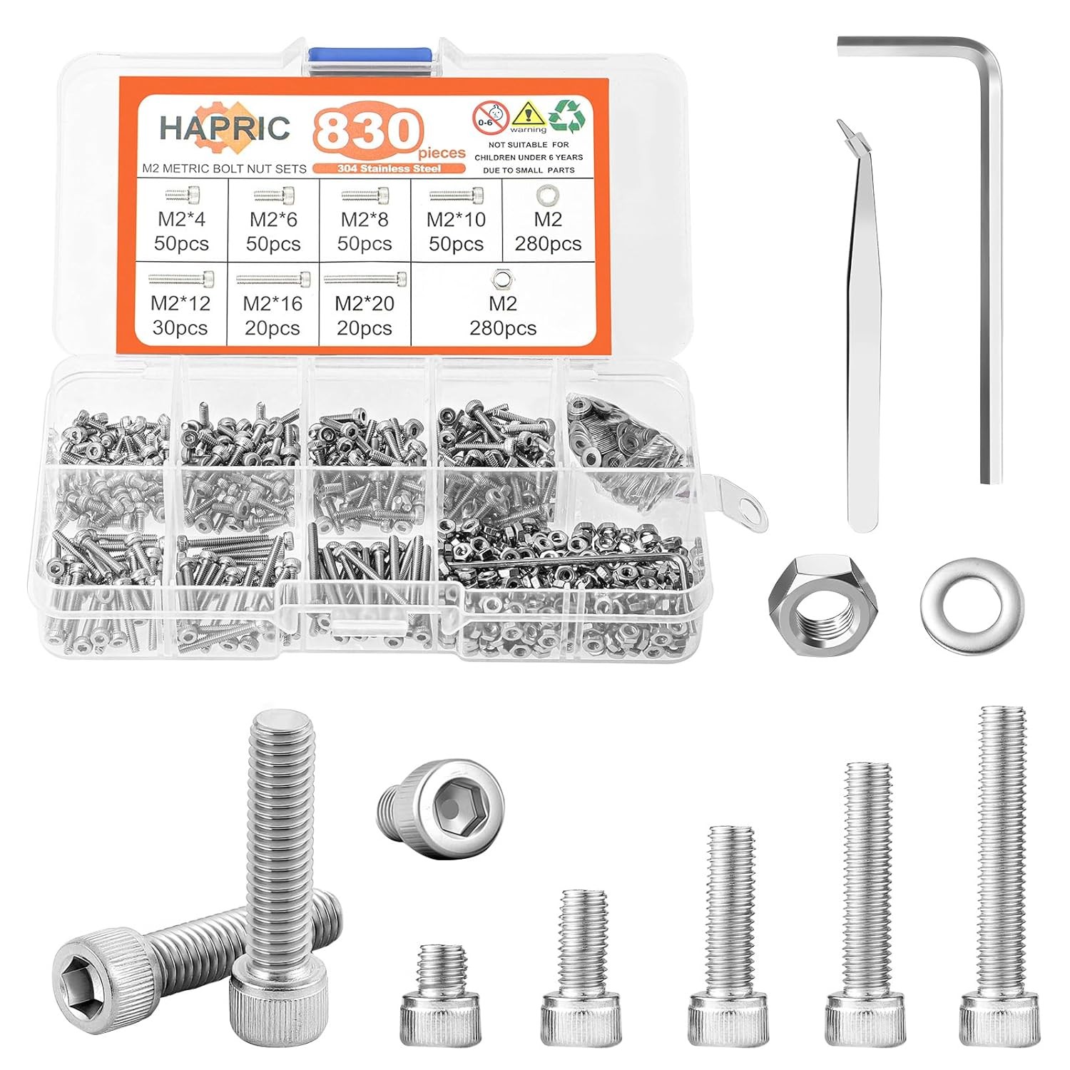 M2 M2.5 M3 M4 M5 M6 Hex Socket Head Screws Nuts Bolts & Washers Assortment Kit