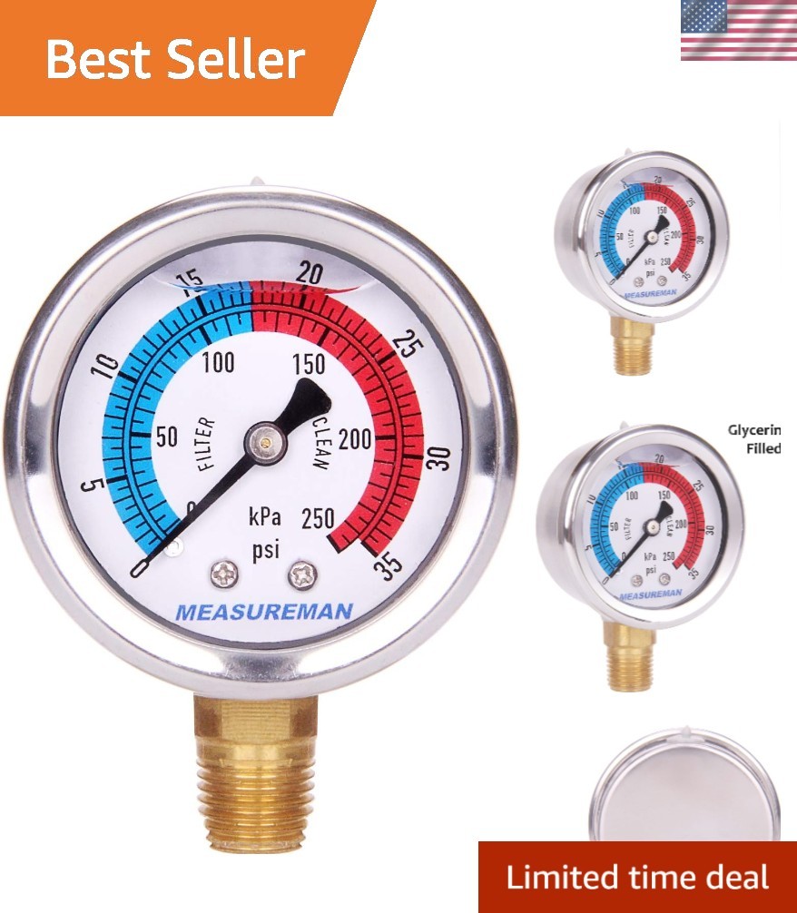 Glycerin-Filled Pool Filter Pressure Gauge – 2″ Dial, 0-35psi Stainless Steel
