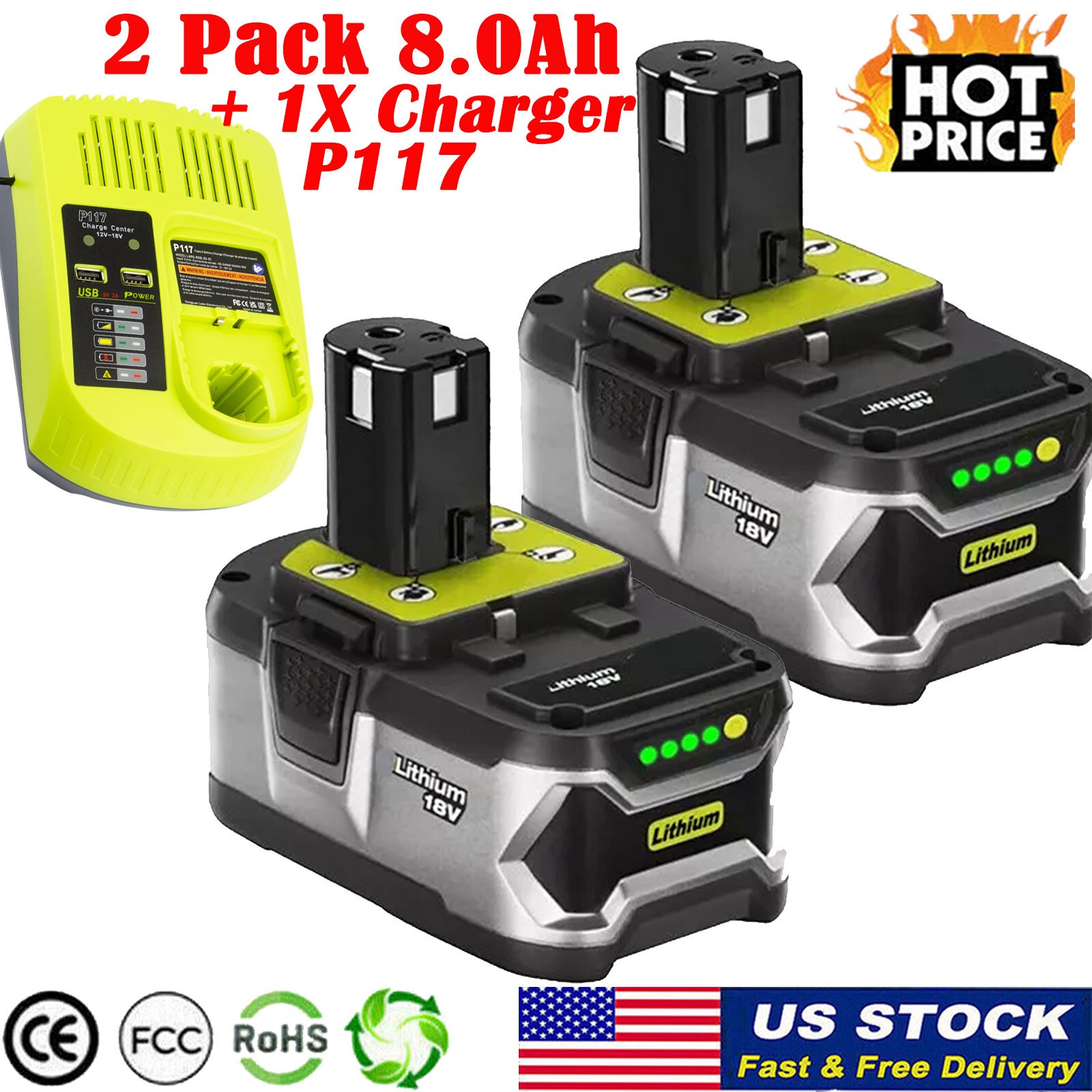 2X Battery For RYOBI P108 18V 8.0Ah One Plus + P117 Charger 18Volt High Capacity