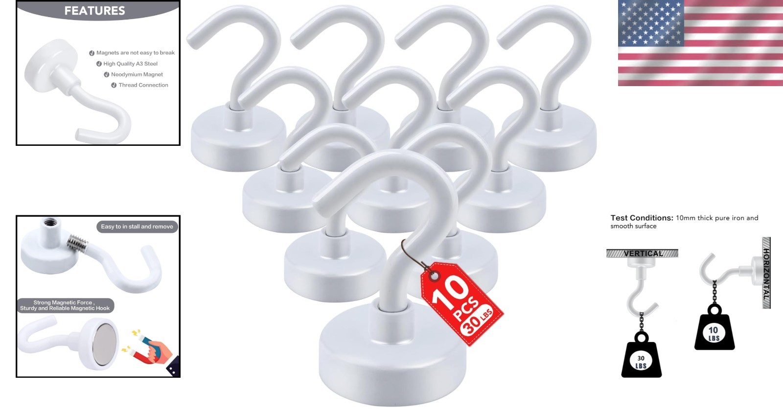 Stainless Steel Magnetic Hooks – 10 Pack, 30lbs Capacity for All Your Needs