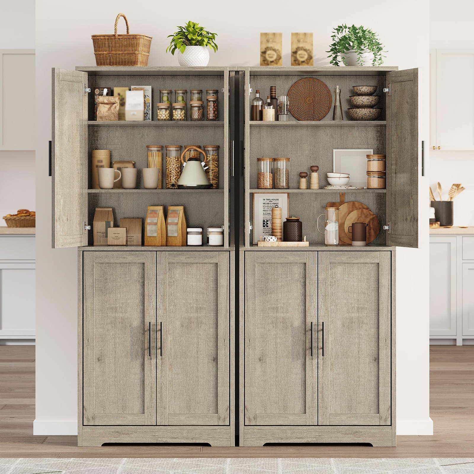 70″ Tall Kitchen Pantry Cabinet Storage Cabinet W/ 4 Doors & Adjustable Shelves