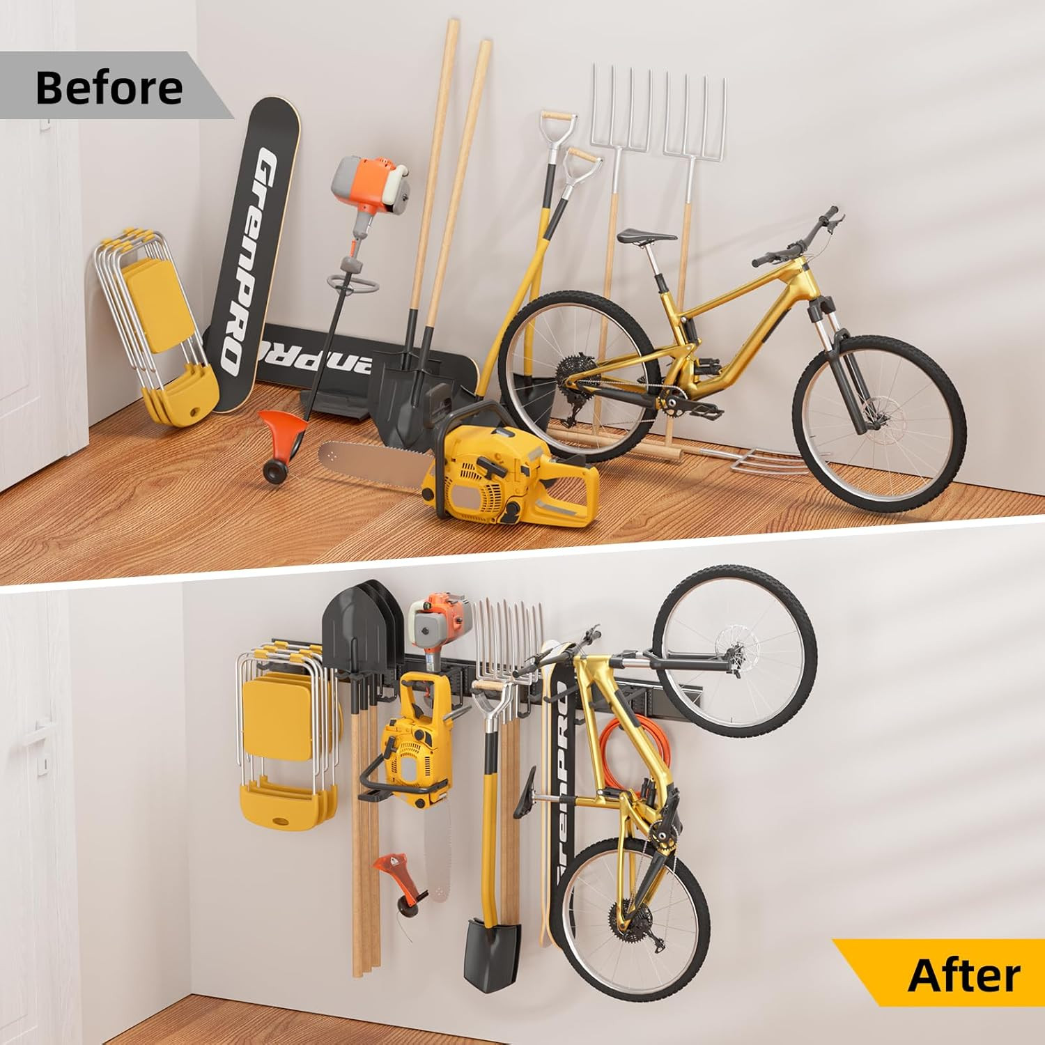 Garage Tool Organizer Wall Mount with 49.5 Inches Rails and 6 Double-Layer Hooks