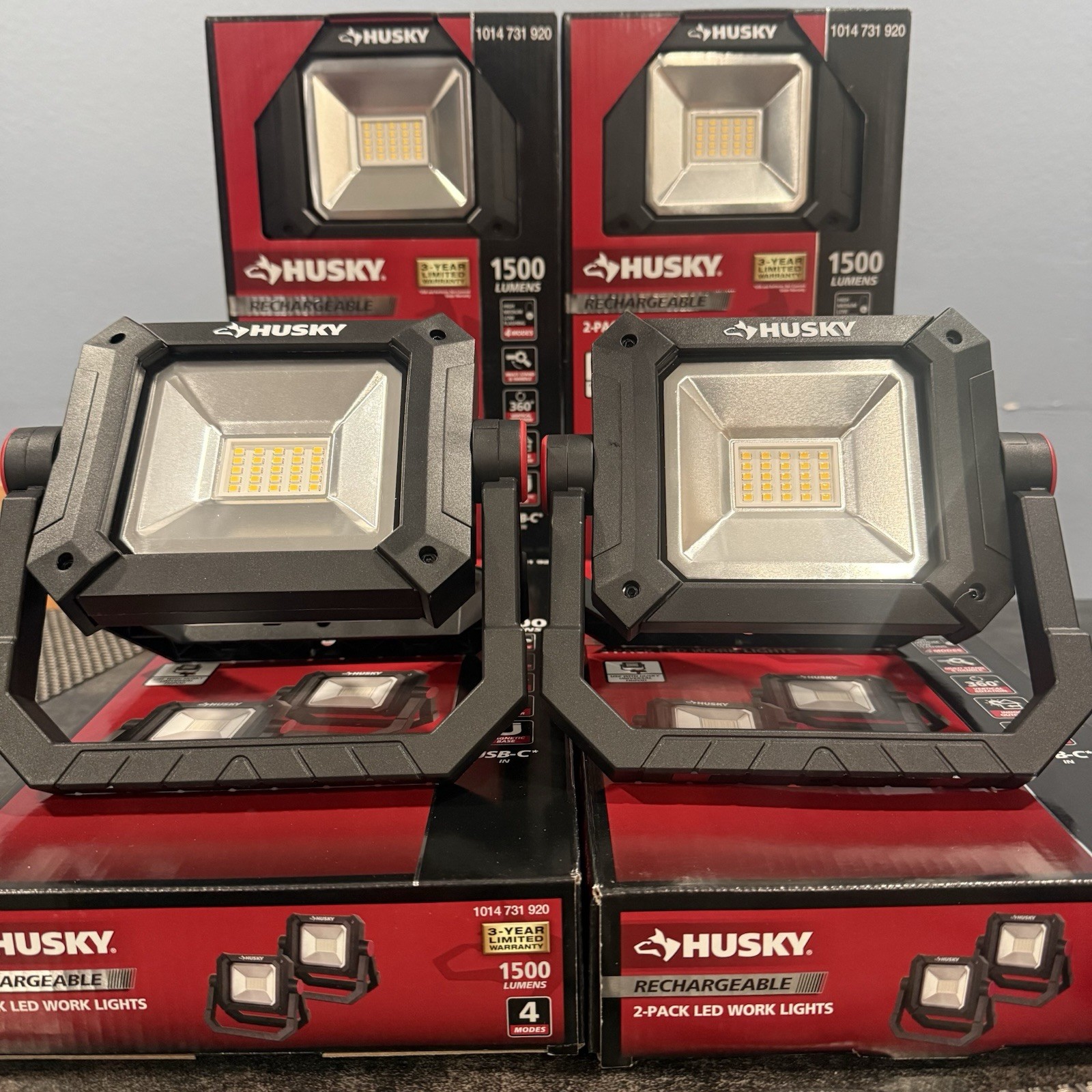 Husky 1500 Lumen Portable Rechargeable LED Work Lights 2Pack USB-C Magnetic 360°
