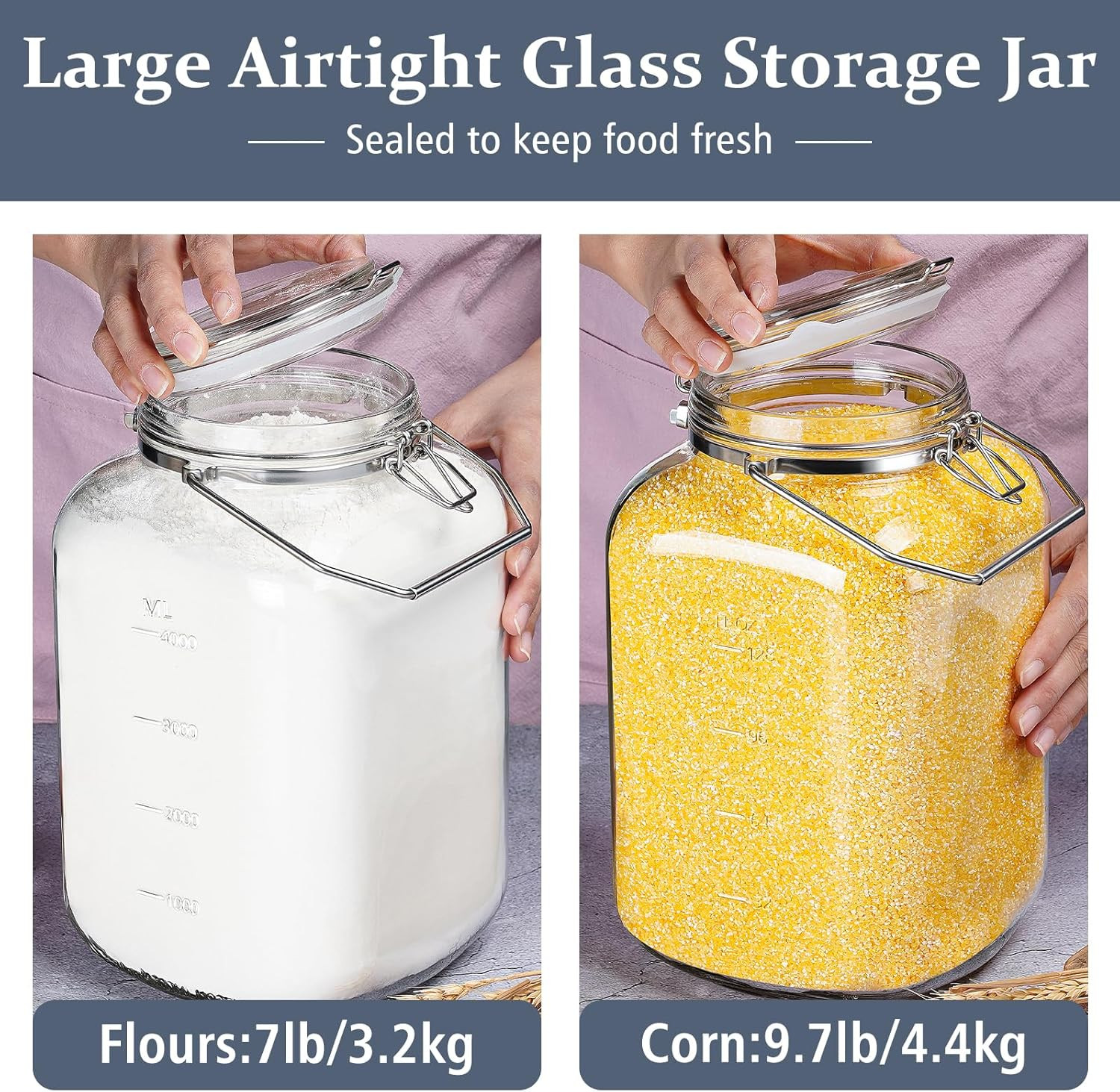Folinstall 2 Pack 1.5 Gallon Glass Jar with Airtight Lid, 192 Oz Square Wide Mou
