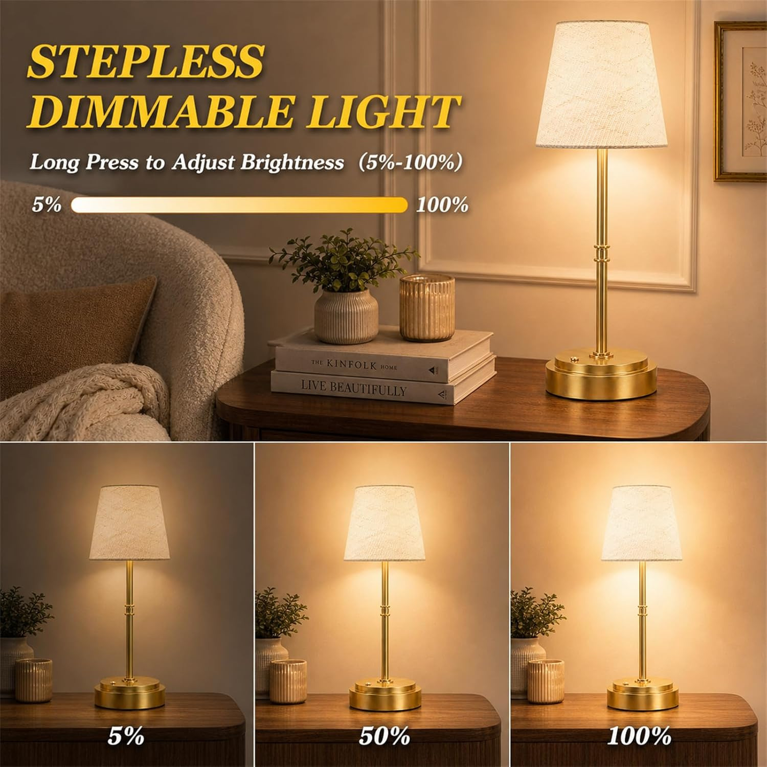 Rechargeable Cordless Table Lamp Gold – 1 Pack Brass 7500mAh Battery Operated La