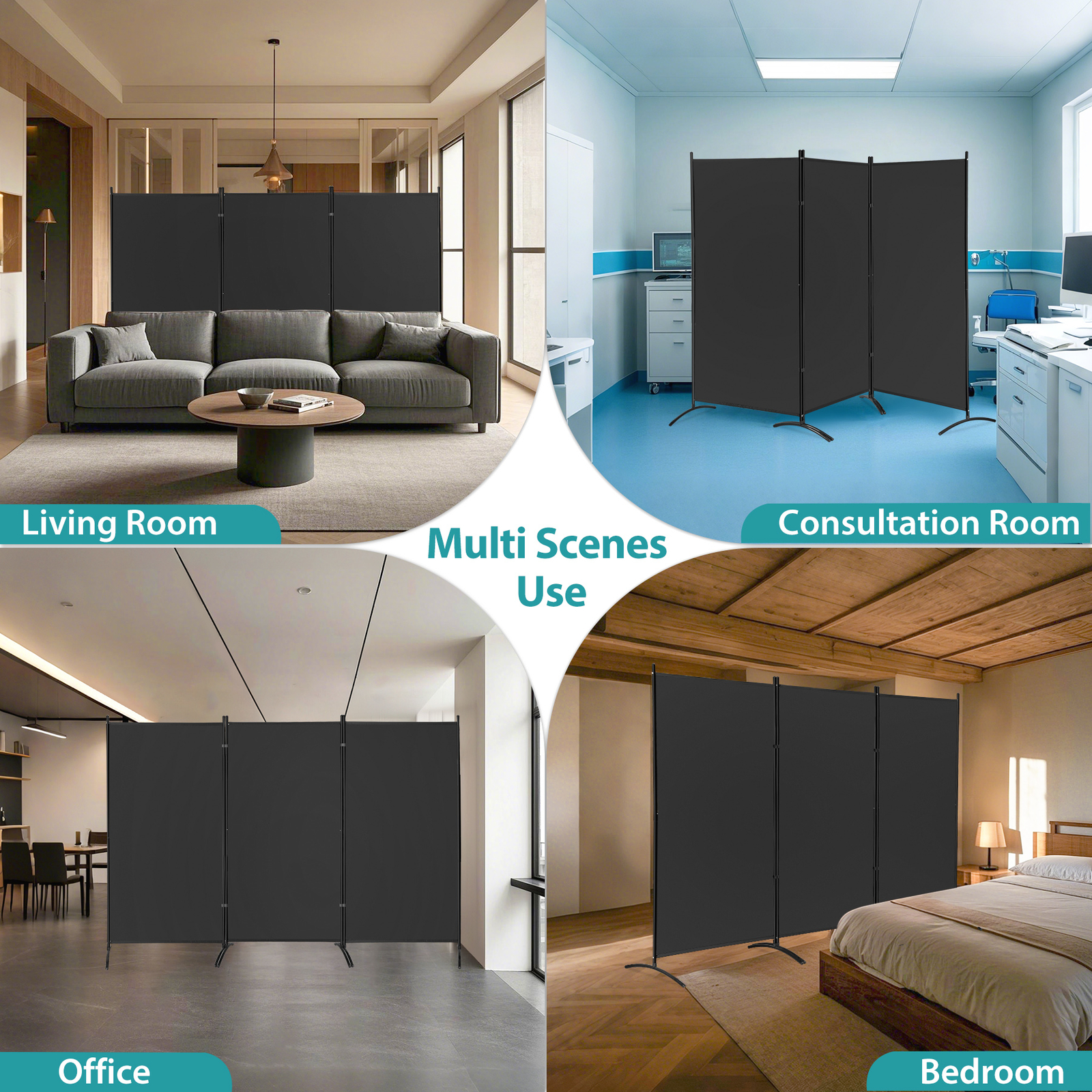 3 Panel Room Divider 6 FT Tall Folding Privacy Screens Partition Separator Black