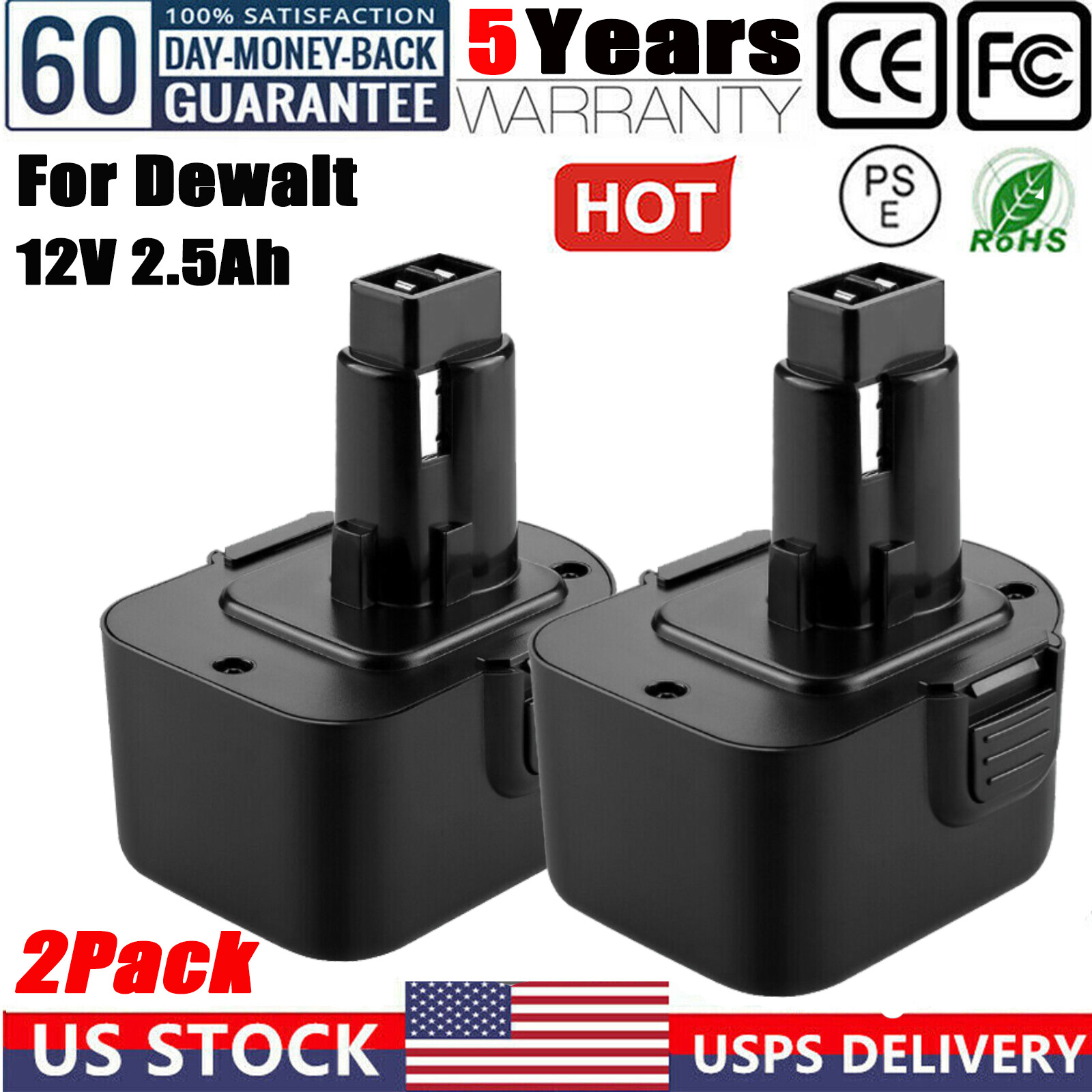 2Pack DC9071 DW9071 12V Battery Drill For DEWALT DW9072 DW953 DW965 DE9075 2.5Ah
