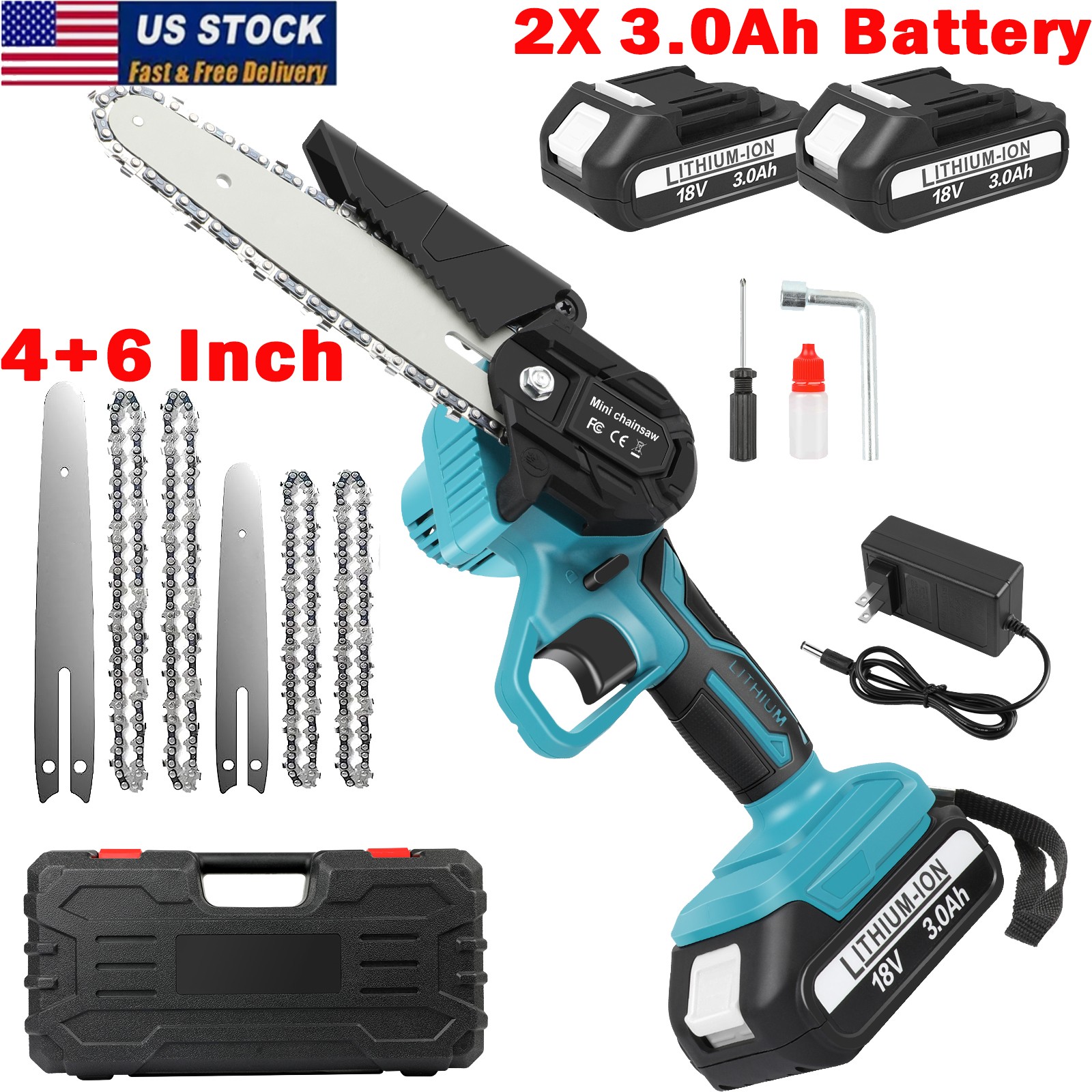 4+6″ Electric Mini Chainsaw Cordless Handheld Chain Saw Wood Cutter+2 Batteries