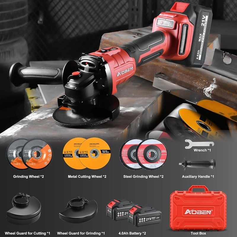 Cordless Brushless Angle Grinder 21V 3 Speed 9500RPM 2 Batteries Accessories New