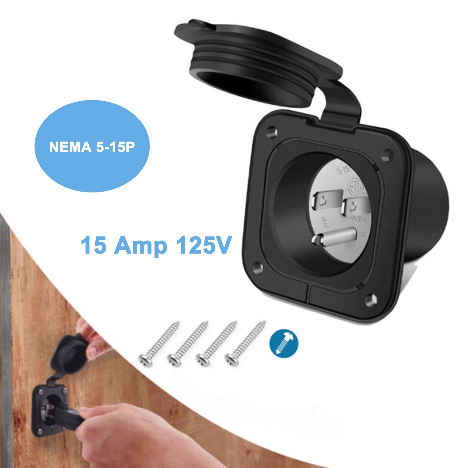 15A 125V Shore Power Inlet Port Plug,NEMA 5-15P Male Receptacle RV Flanged Inlet