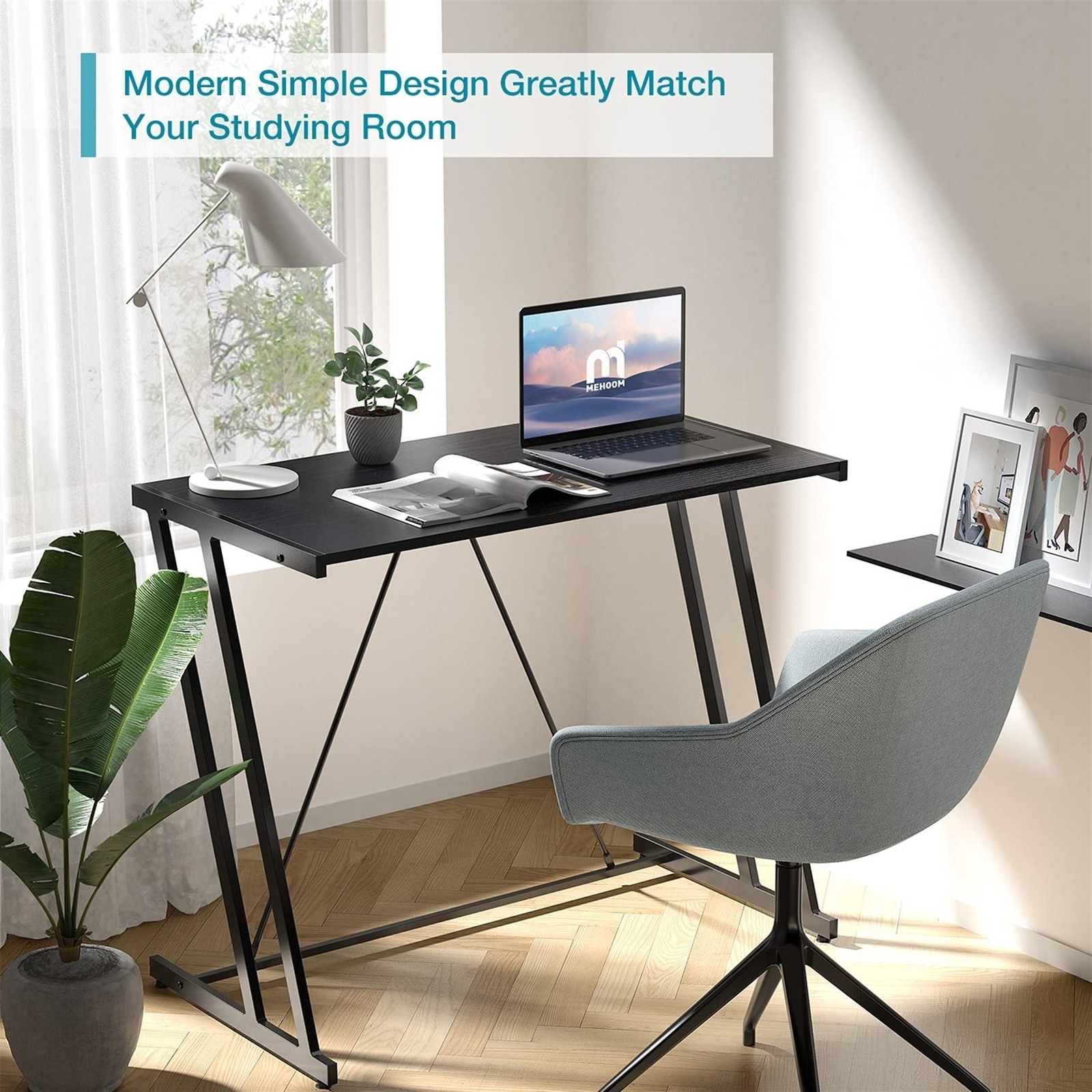 Mehoom Metal Modern Computer Study Desk for Home Office, Table, Black, 35.4″