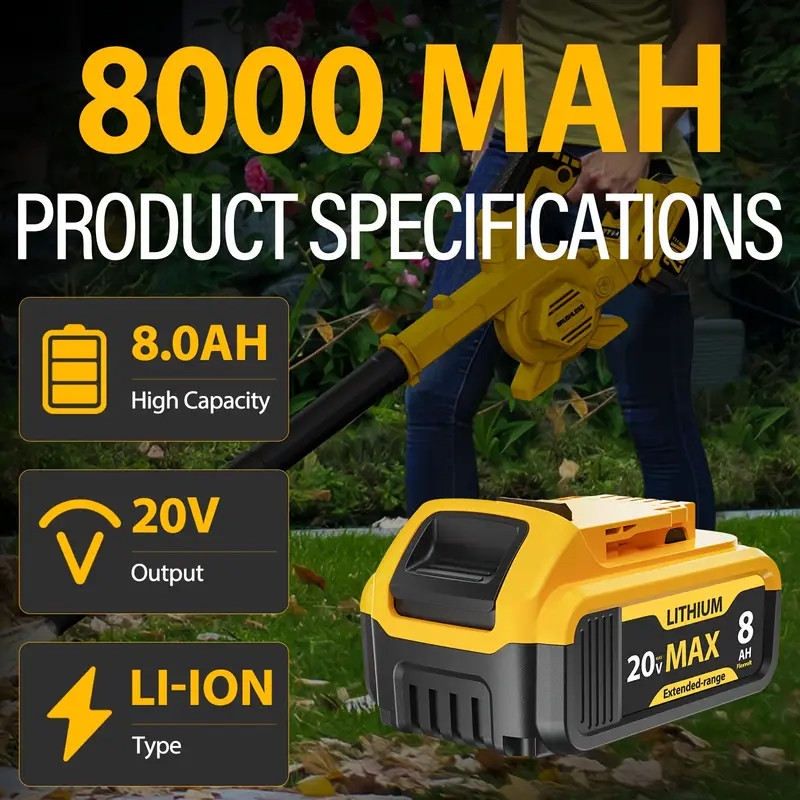 2-Pack 8.0Ah 20V Replacement Li-Ion Battery for Dewalt Cordless Tools – Compatib