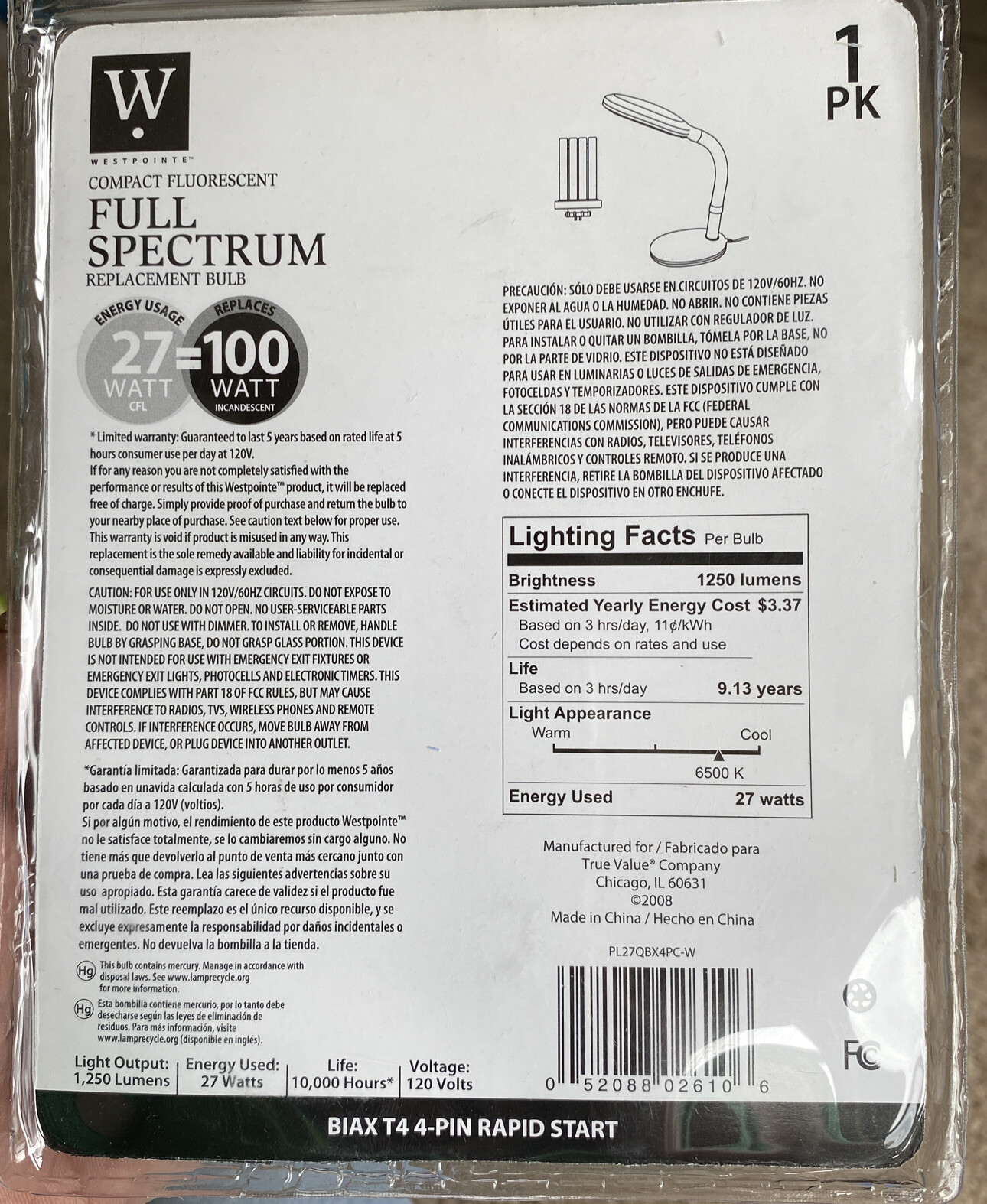Westpoints~27 Watt~ 4 Pin ~Compact Fluorescent (CFL) Light Bulb~636575