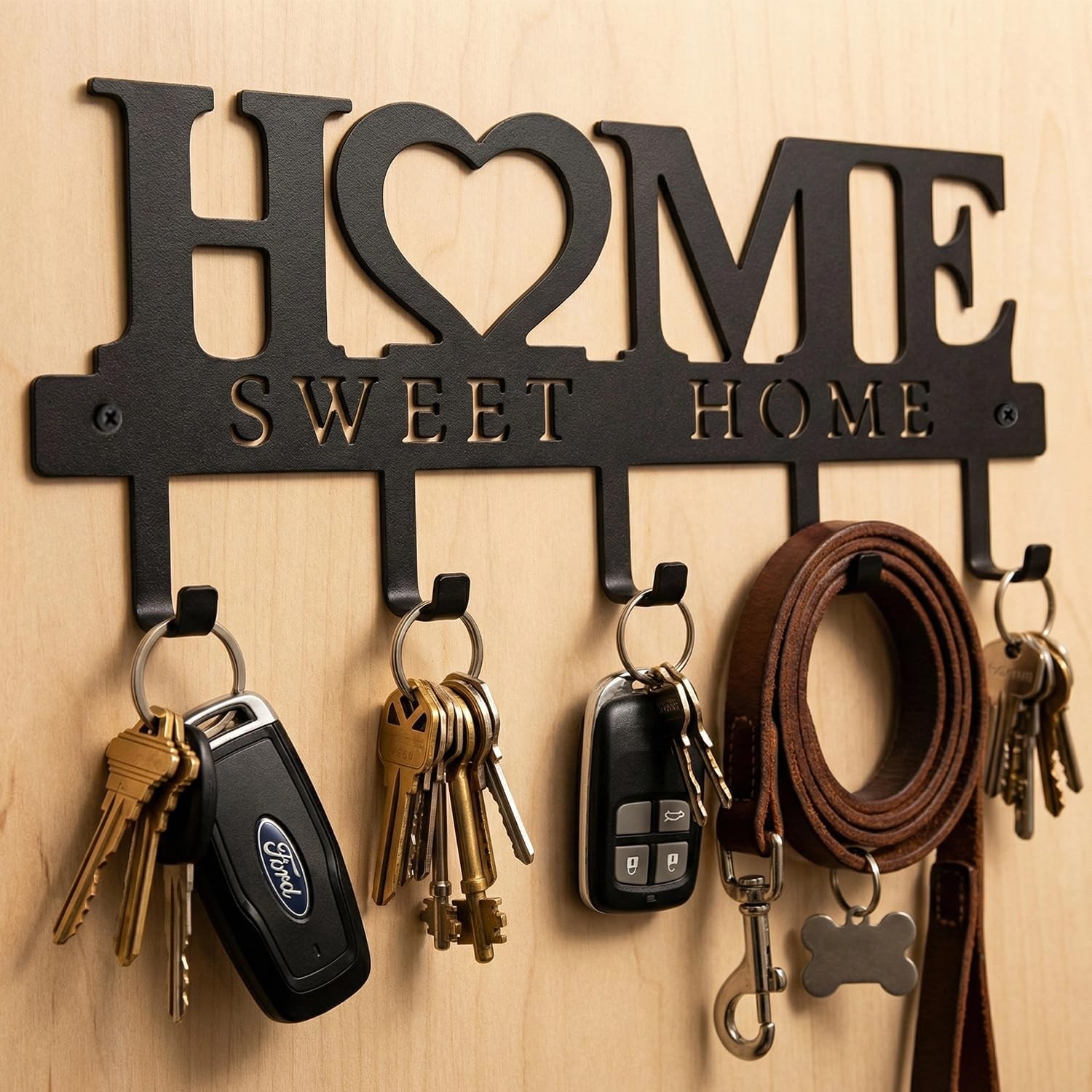 Entryway Wall Key Holder 5 Hooks Metal Key Rack Sweet Home Black 9.8in