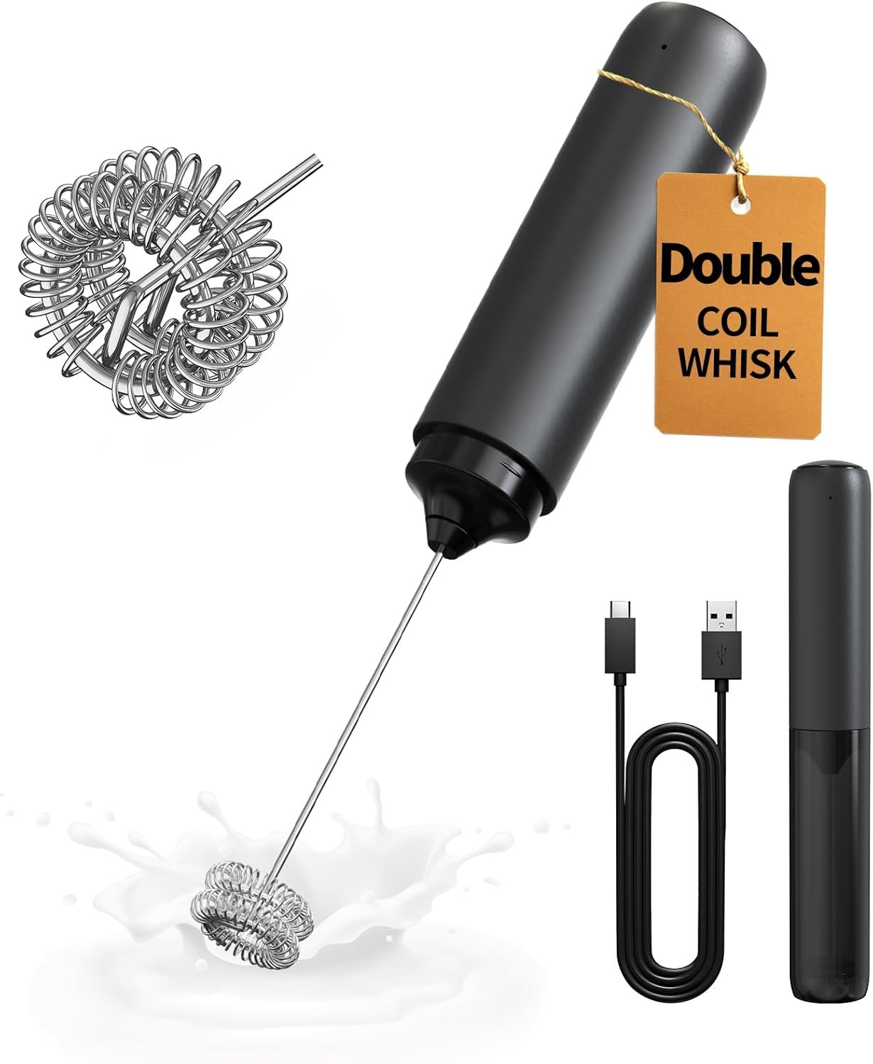 CIRCLE JOY Rechargeable Milk Frother Hanheld, Dual Coil Whisk Head Electric Coff