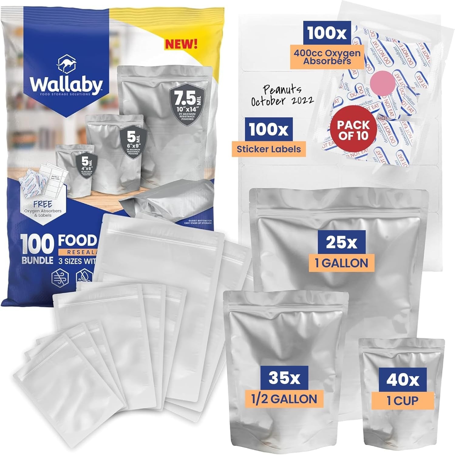 100ct Multi-Size Mylar Bags with 400cc Oxygen Absorbers 15&10Mil Food Storage