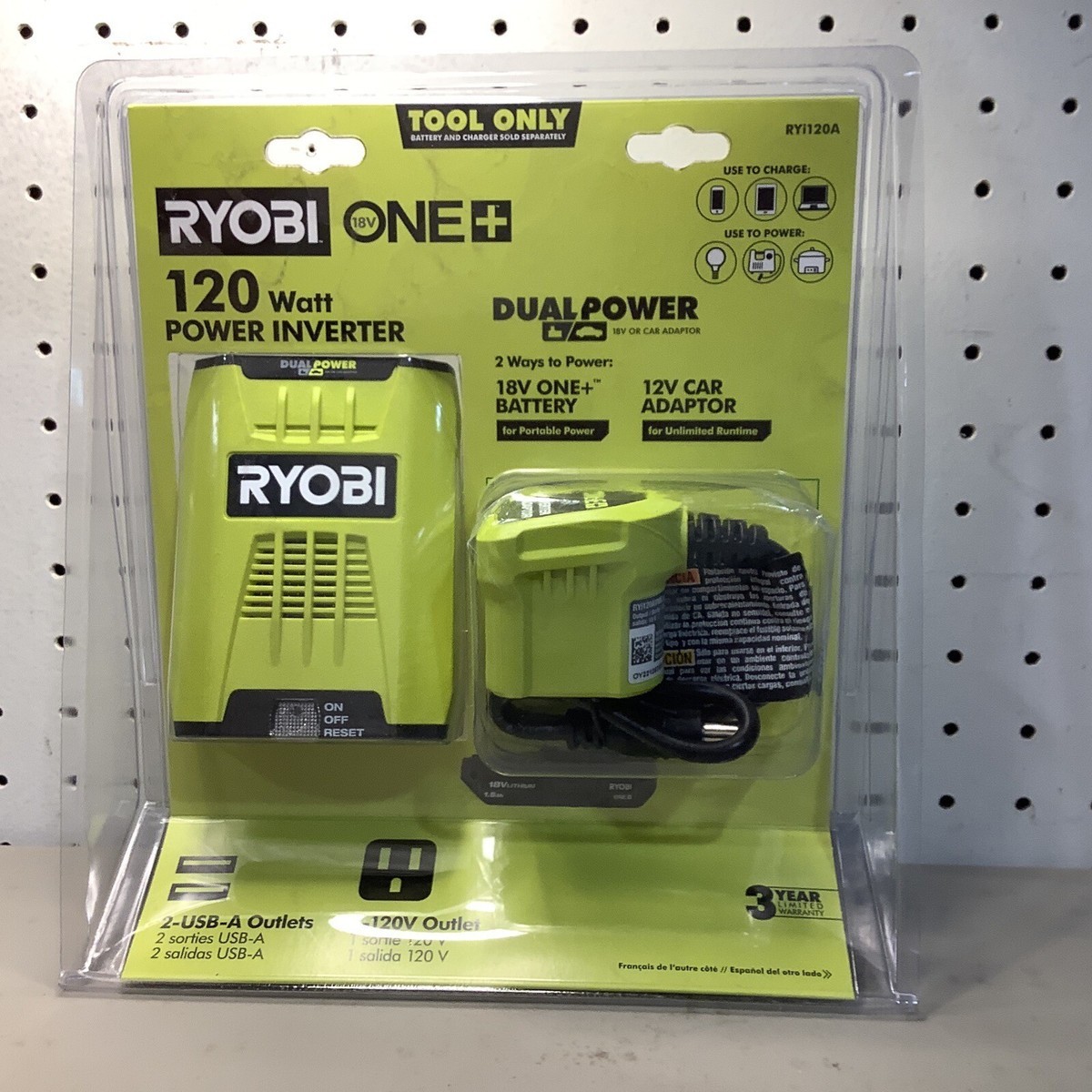 🔋RYOBI 18V 120-Watt 12V Automotive Power Inverter with Dual USB Ports RYi120A