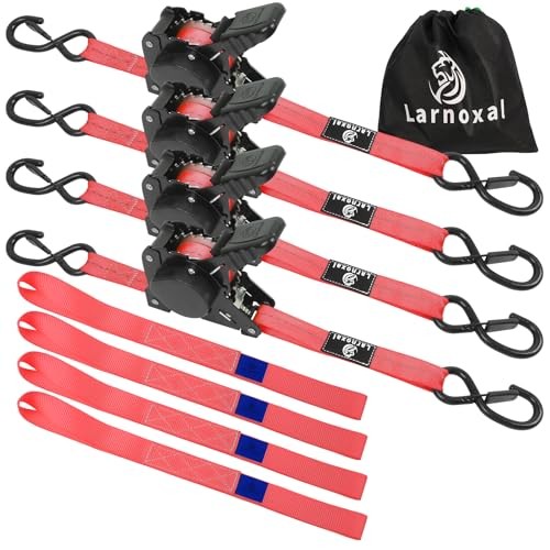 Retractable Ratchet Straps 4 Pack – 1,500 Lbs Break Strength 1 in x 10 Ft Red