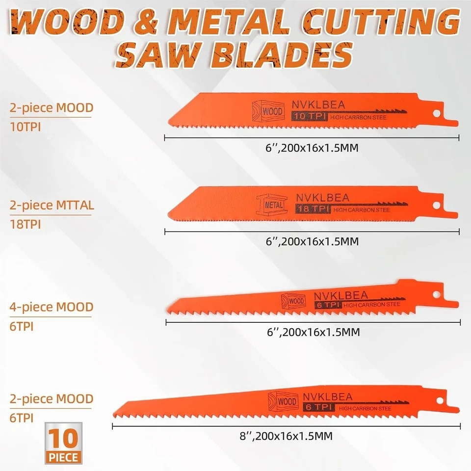 10-Piece Reciprocating Saw Blades 6 & 8 Inch Wood & Metal Cutting Saw Blades Pre
