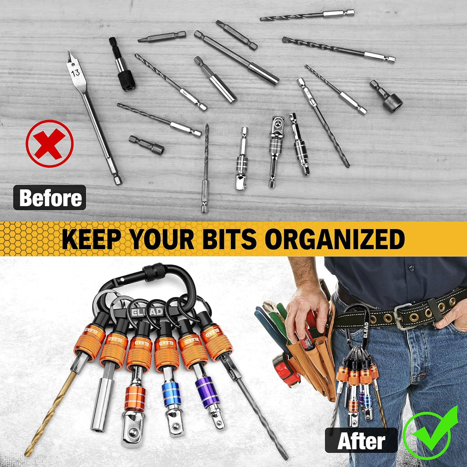 6-Piece Bit Holder Key Chain, 1/4 Inch Orange Hex Shank Bit Holders, Quick Relea