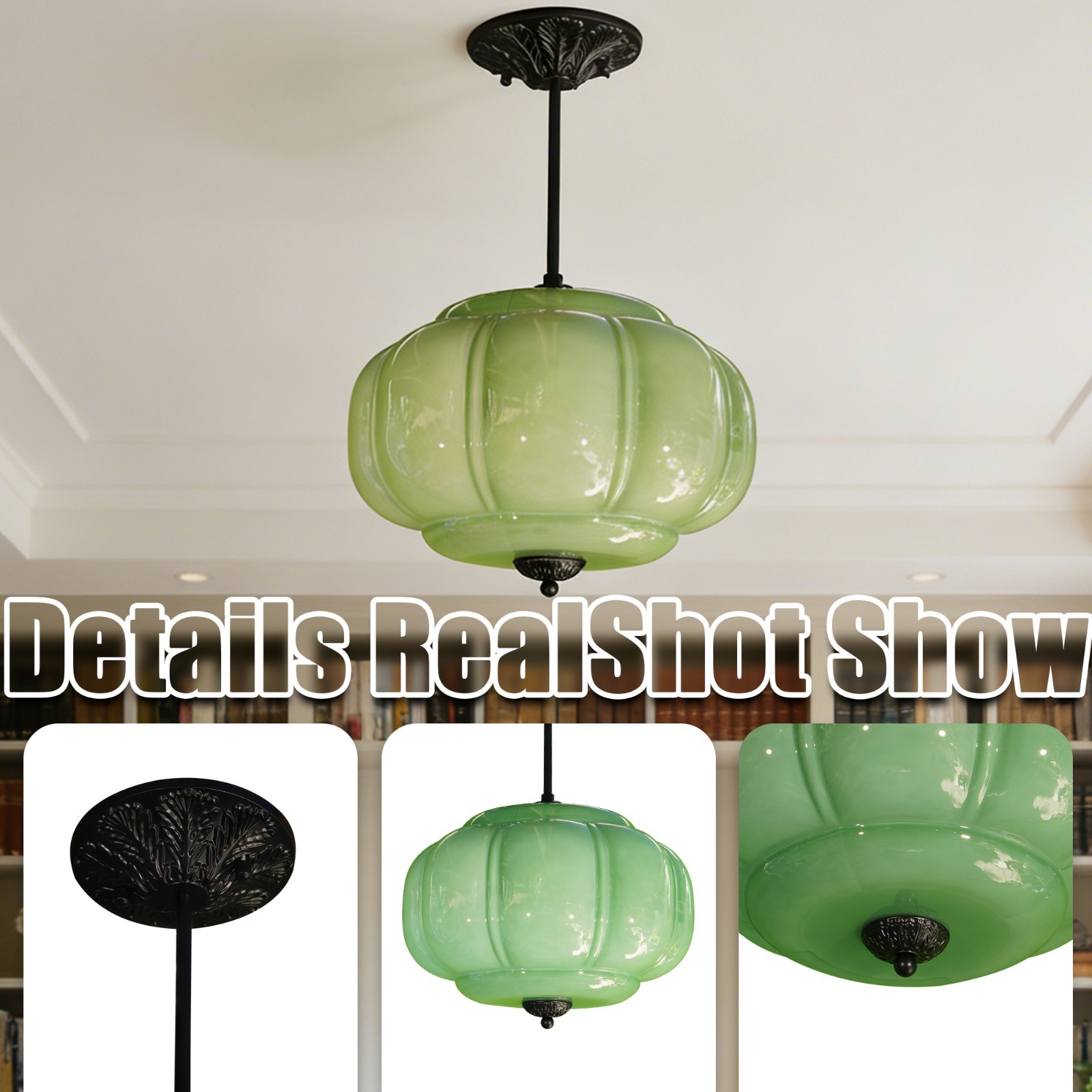 14’Simple Green Pumpkin Shaped Pendant Light,Living Room/dining Room Glass Light