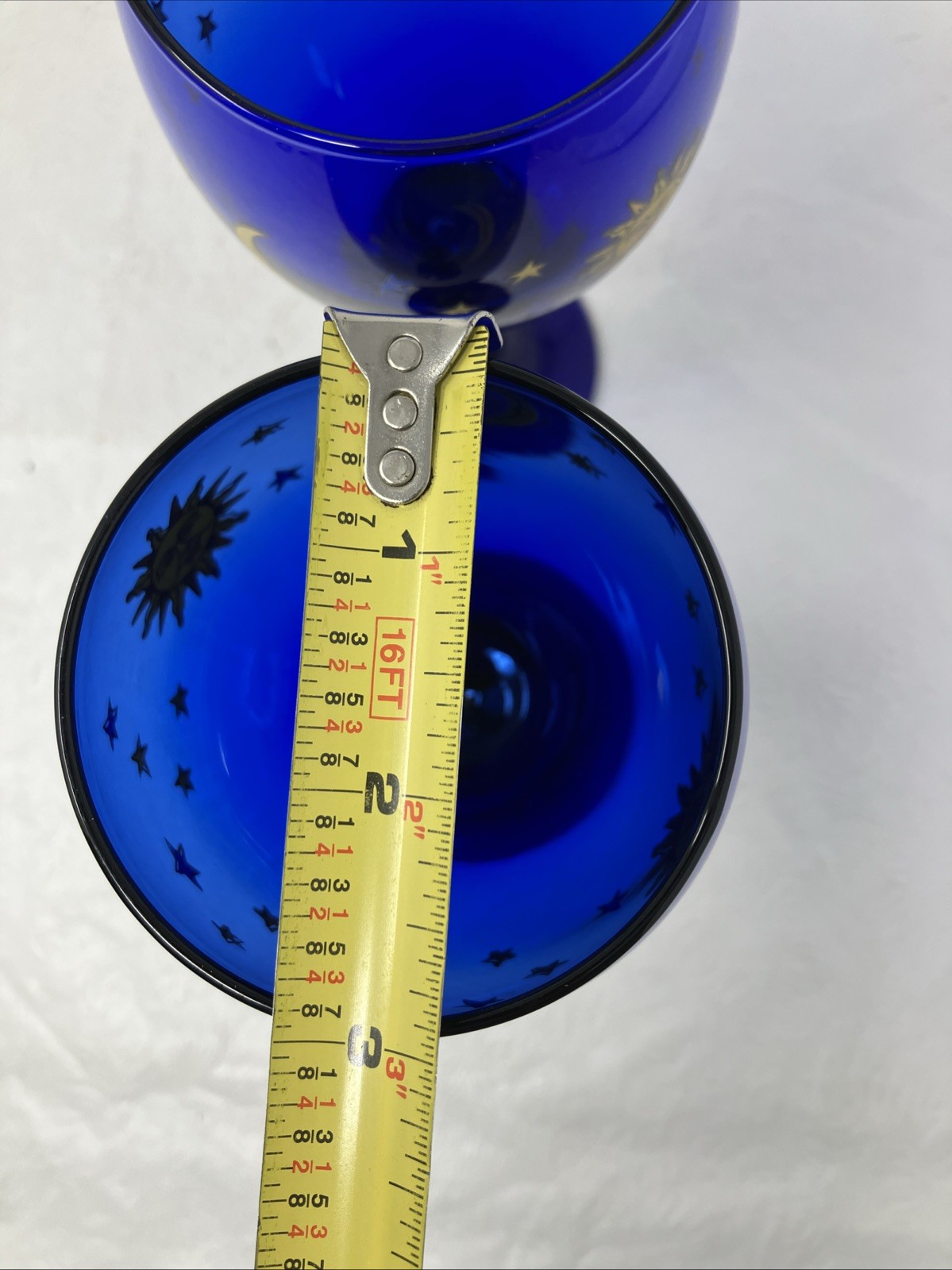 2 Libbey Cobalt Blue Celestial Sun Moon Stars Wine Water Glass Goblet Glass 7.5”
