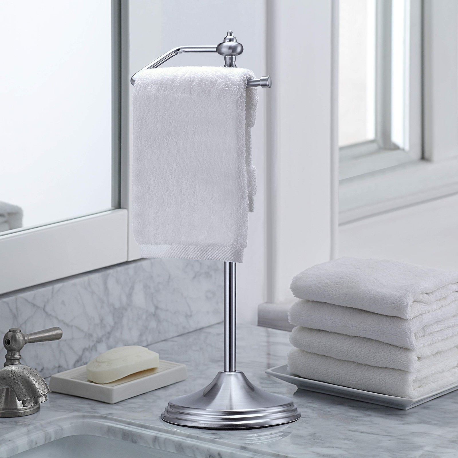 Metal Fingertip Towel Holder Stand Satin Nickel 14.2 In 15.6×5.6×5.6 In