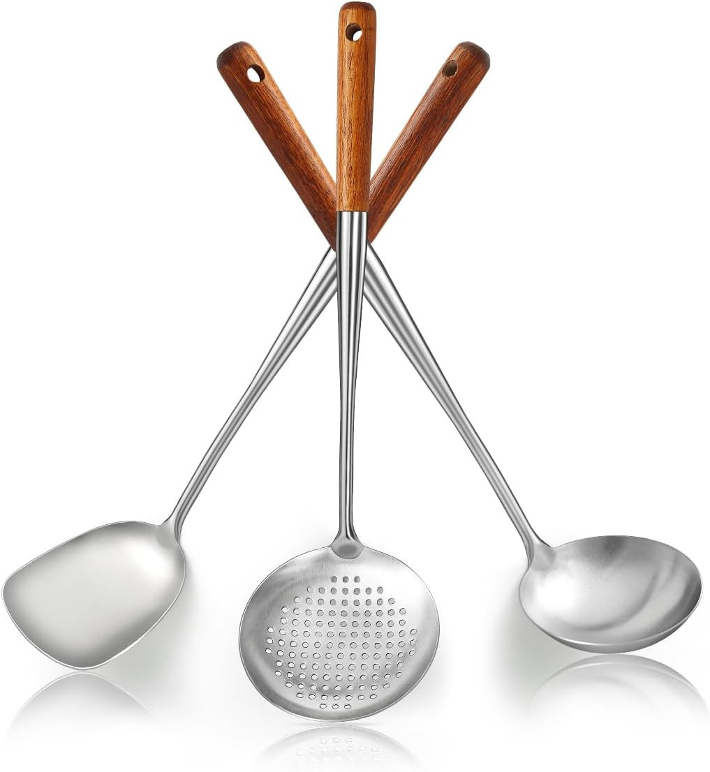 Wok Spatula Set 17″, Heat Resistant Wood Handle Stainless Steel Wok Tools, Ladle