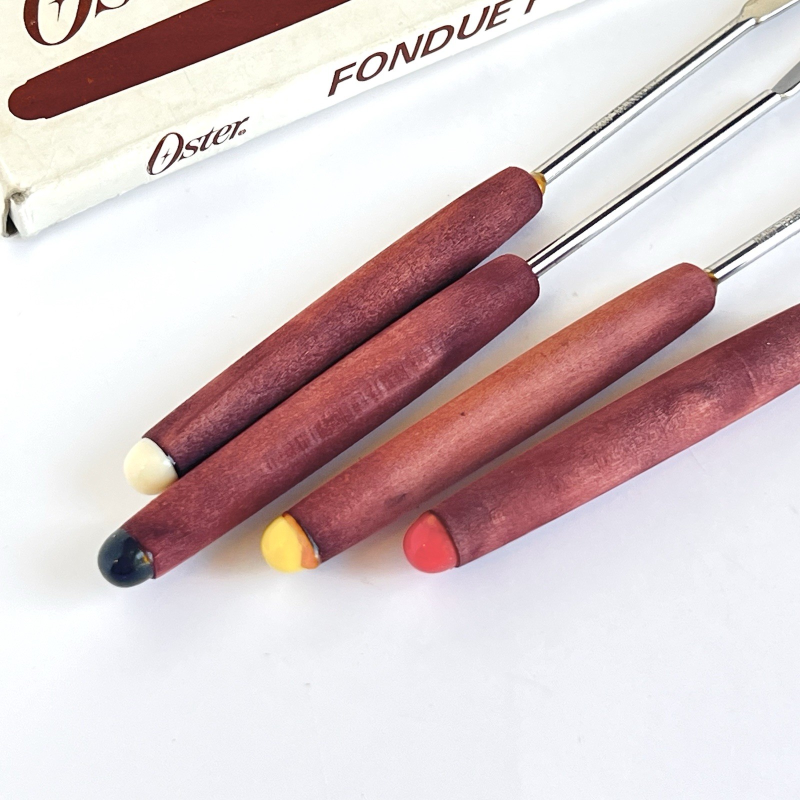 Vtg Oster Set of 4 Stainless Steel, Wood Handled Fondue Forks w/ box MCM