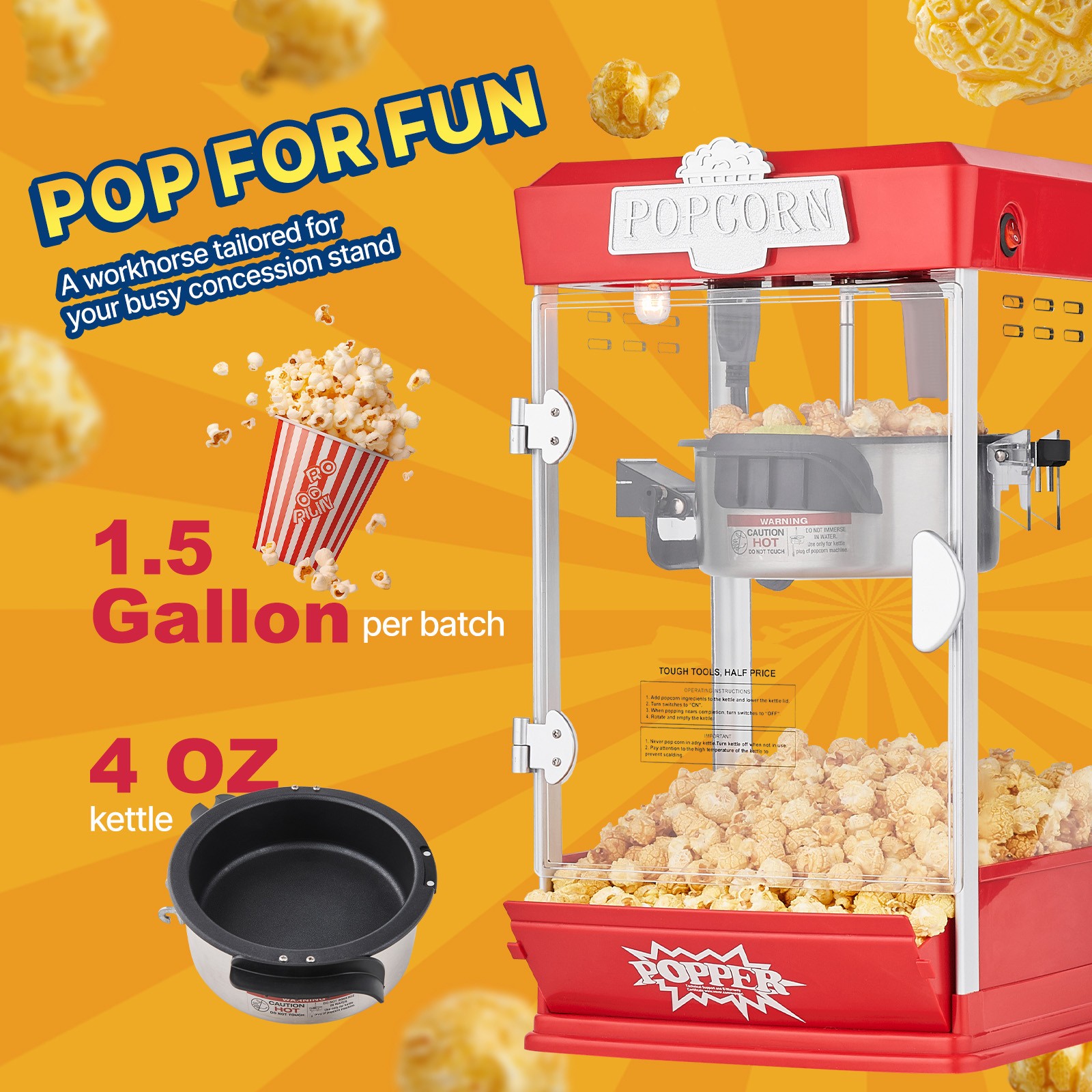 Popcorn Popper Machine Tabletop Popcorn Maker 480W 4 Oz Red
