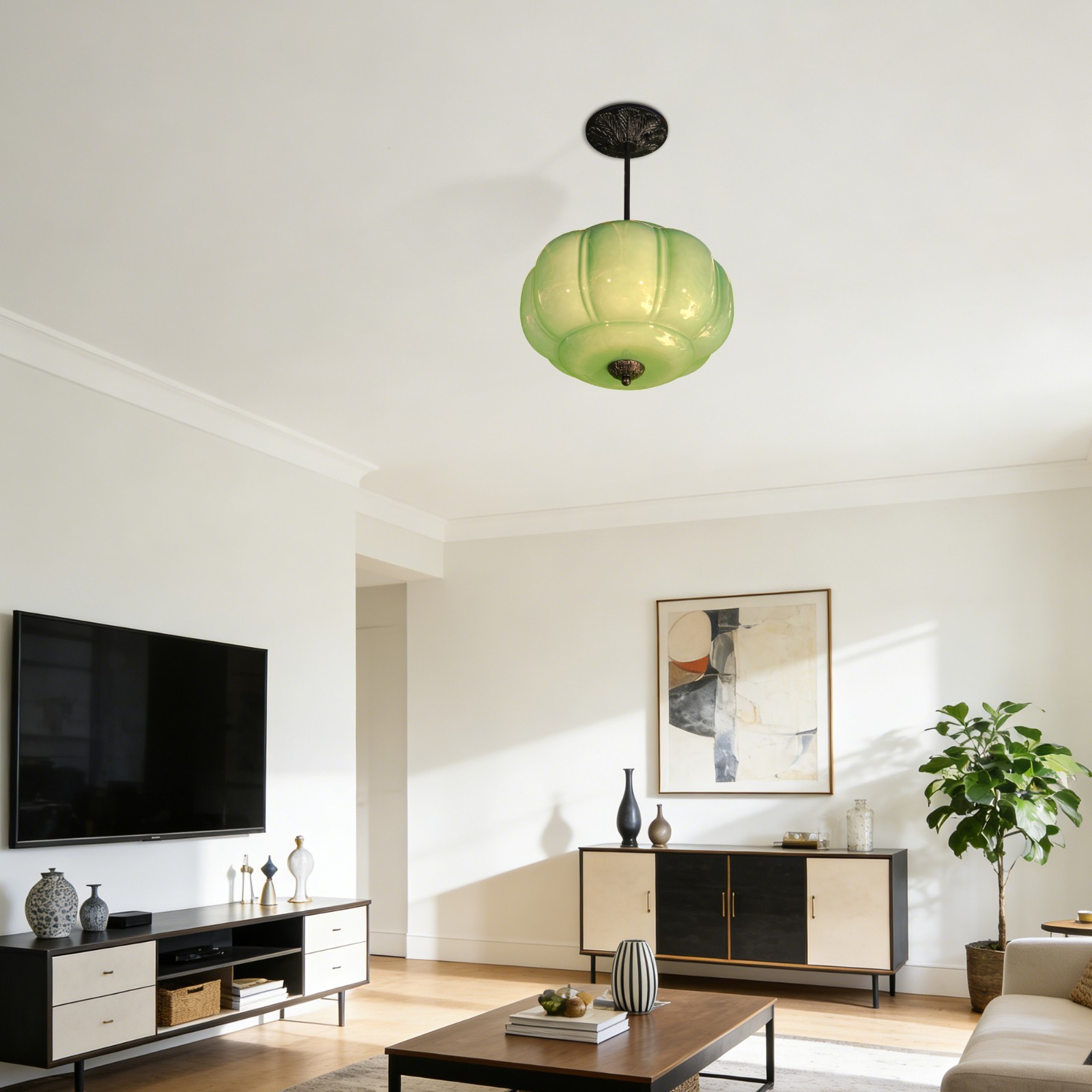 14’Simple Green Pumpkin Shaped Pendant Light,Living Room/dining Room Glass Light