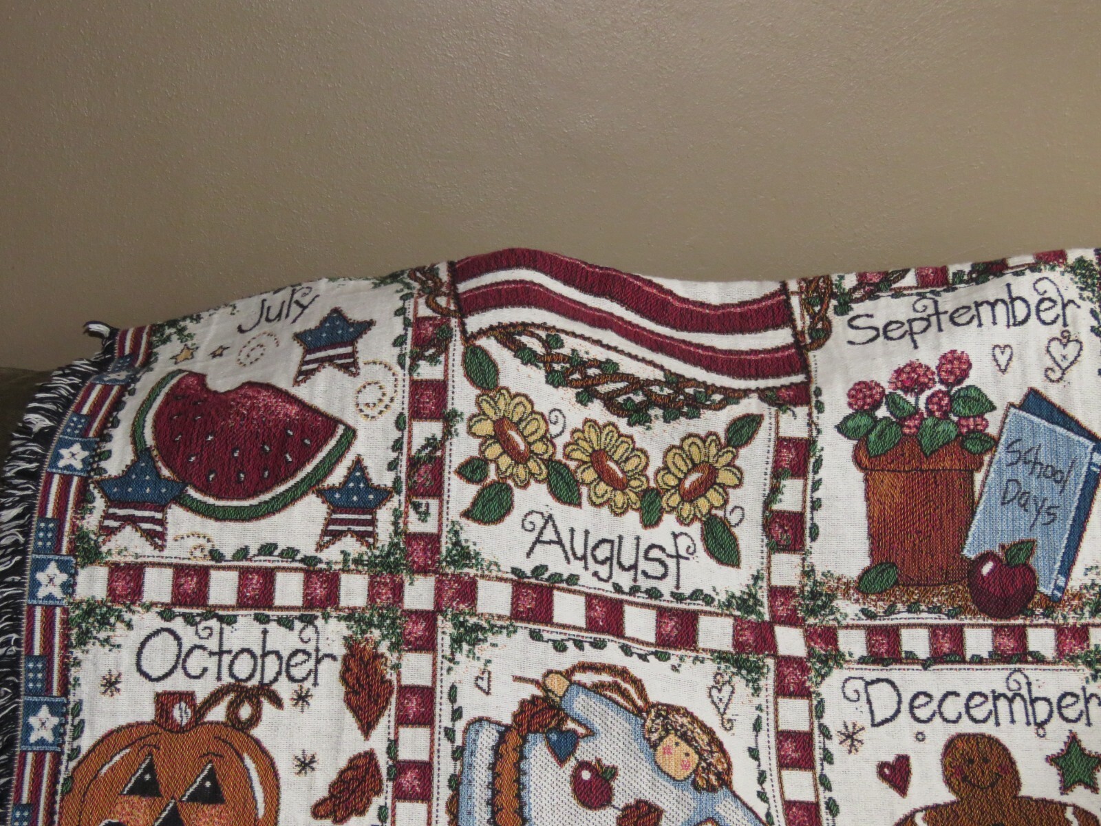 Tapestry Throw Afghan Blanket AMERICANA 12 Months Calendar Seasons VINTAGE
