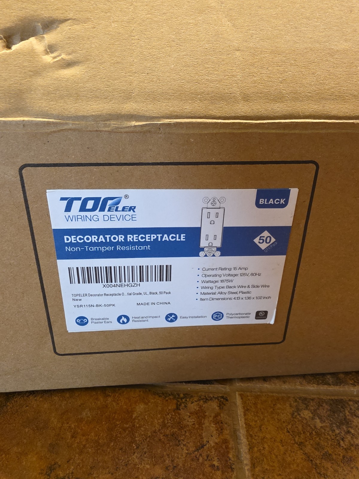 Lot of (50) New, Black TopELER receptacle,none- TamperResistant,20 Amp 125 volt