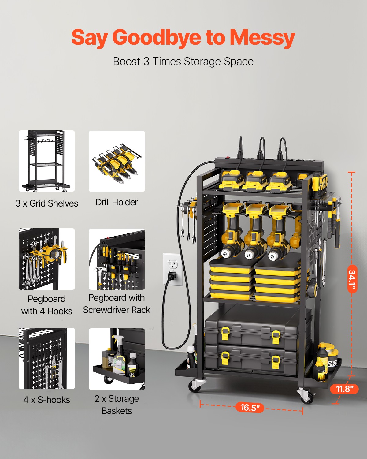 VEVOR 4-tier Tool Organizer Cart with Charging Station Garage Cart on Wheels